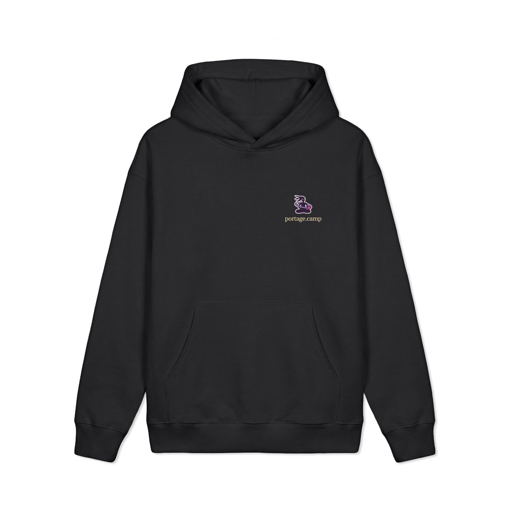 Orbit Keeper Heavyweight Hoodie in Black, front view with the Orbit Keeper logo and portage.camp on the left chest. Digital product mockup.