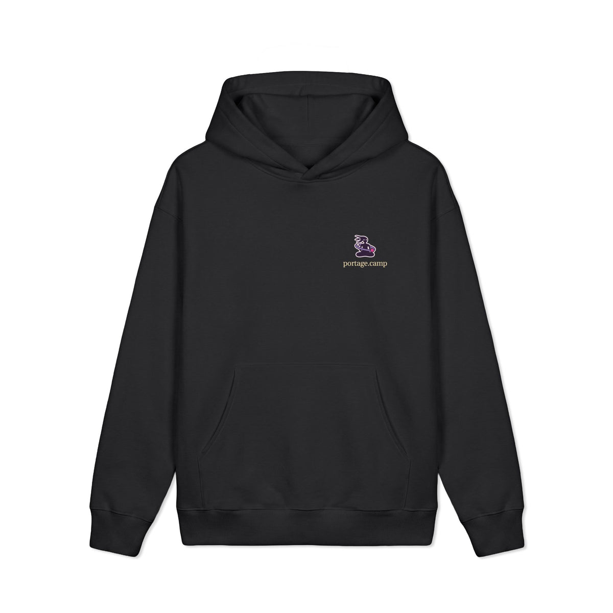 Orbit Keeper Heavyweight Hoodie in Black, front view with the Orbit Keeper logo and portage.camp on the left chest. Digital product mockup.