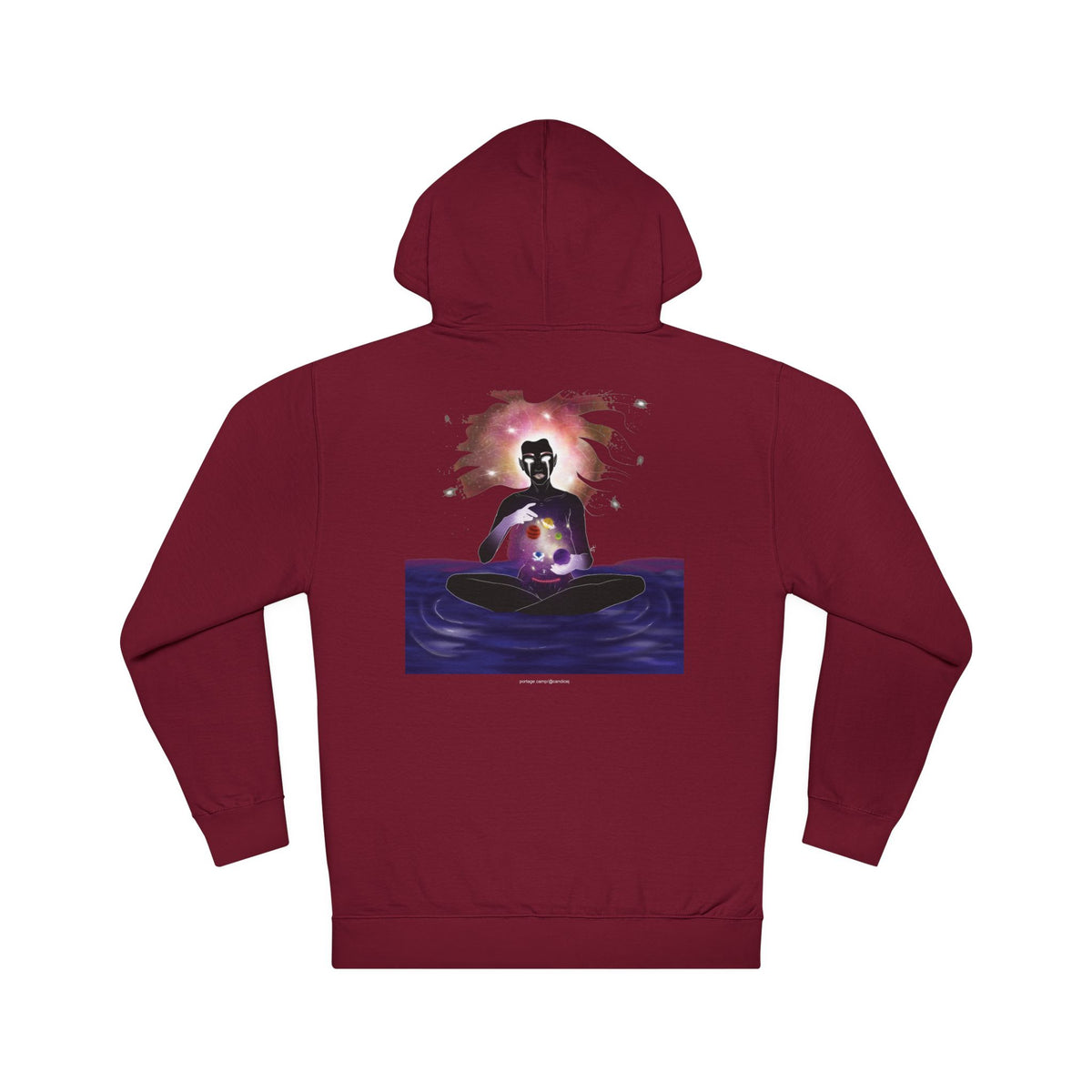 Orbit Keeper Midweight Hoodie in Maroon, back view with the large illustrated print. Digital product mockup.