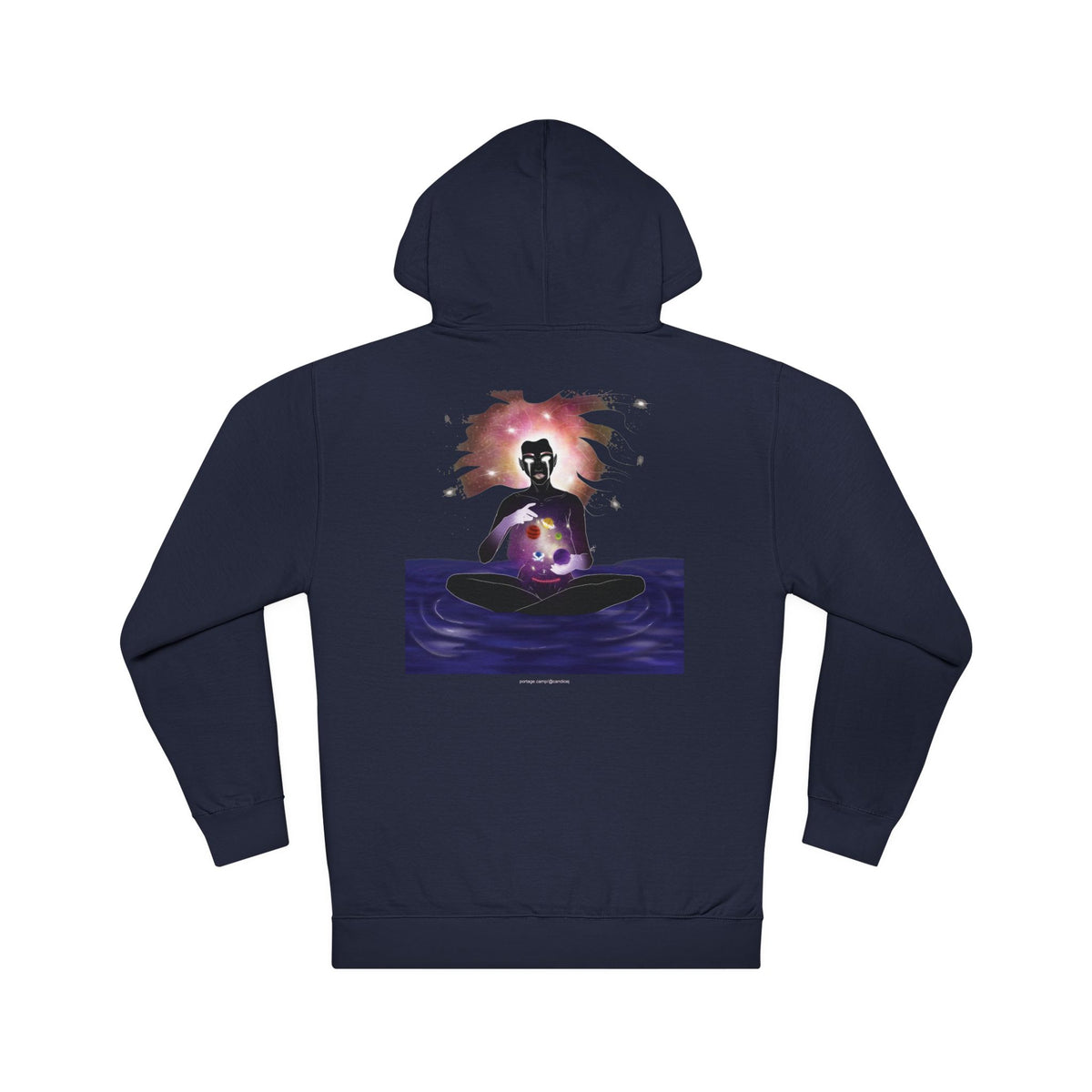 Orbit Keeper Midweight Hoodie in Classic Navy, back view with the large illustrated print. Digital product mockup.