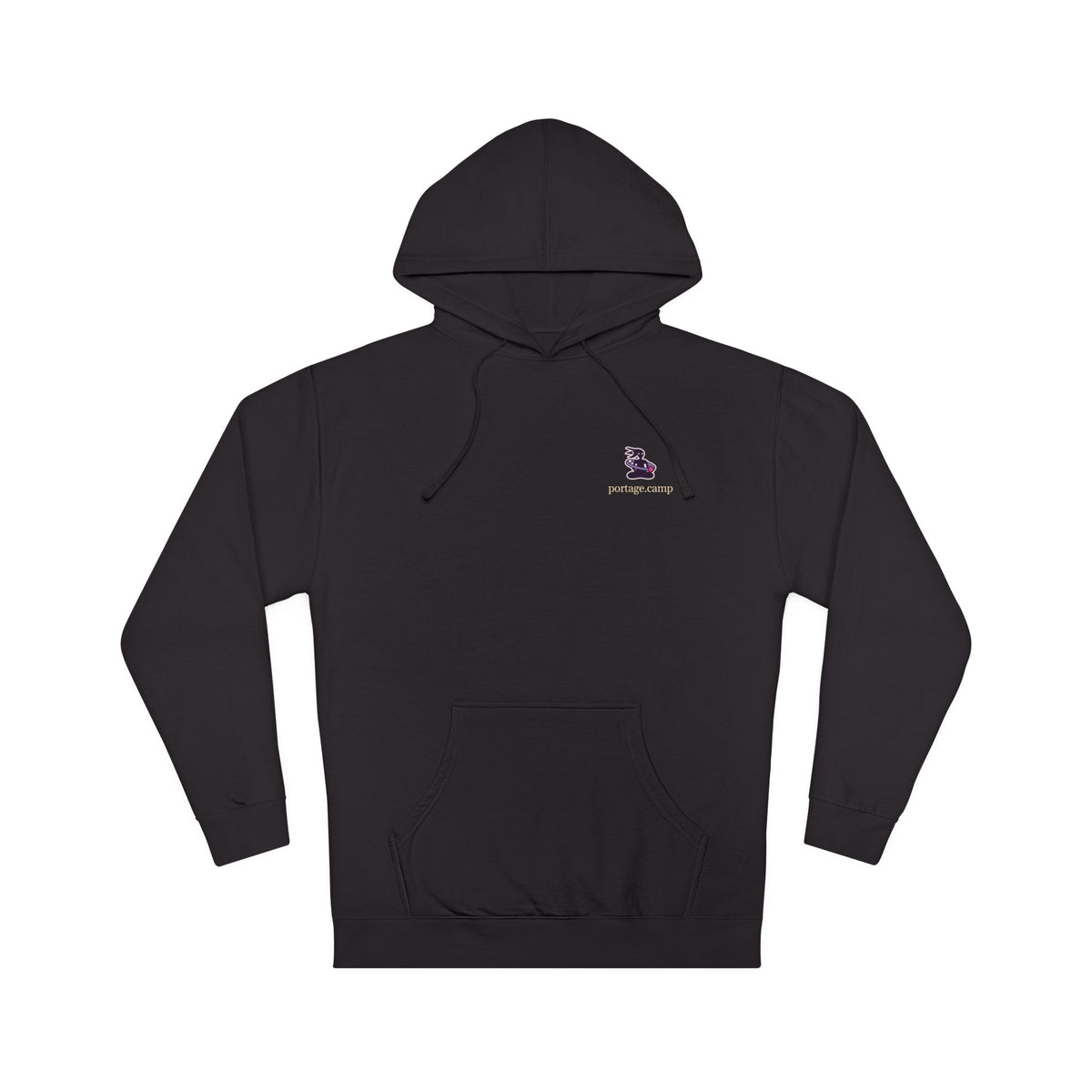 Orbit Keeper Midweight Hoodie in Black, front view with the Orbit Keeper logo and portage.camp on the chest. Digital product mockup.