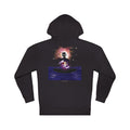 Orbit Keeper Midweight Hoodie in Black, back view with the large illustrated print. Digital product mockup.