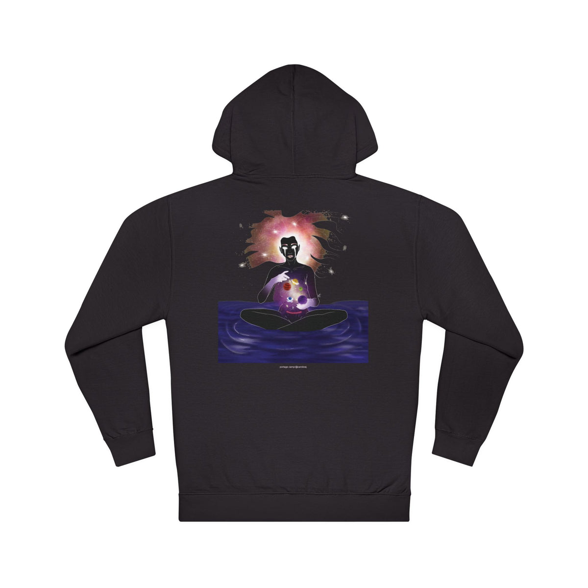 Orbit Keeper Midweight Hoodie in Black, back view with the large illustrated print. Digital product mockup.