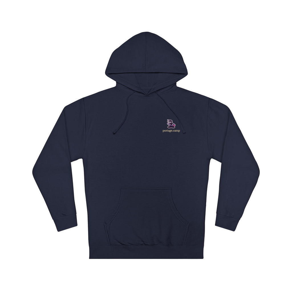 Orbit Keeper Midweight Hoodie in Classic Navy, front view with the Orbit Keeper logo and portage.camp on the chest. Digital product mockup.