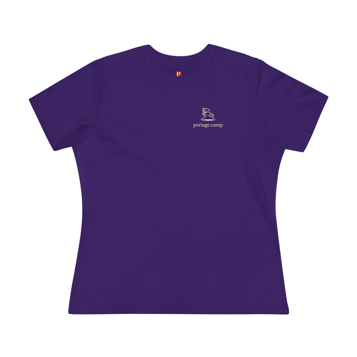 Orbit Keeper Women’s Relaxed Tee in Team Purple, front view with the Orbit Keeper logo and portage.camp on the chest. Digital product mockup.
