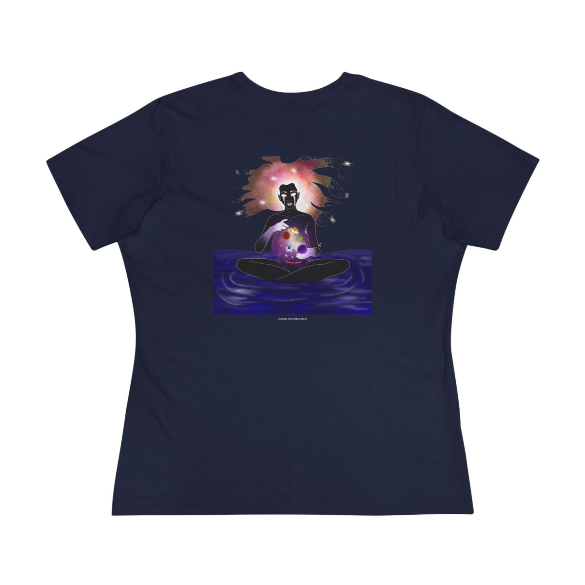 Orbit Keeper Women’s Relaxed Tee in Navy, back view with the large illustrated print. Digital product mockup.