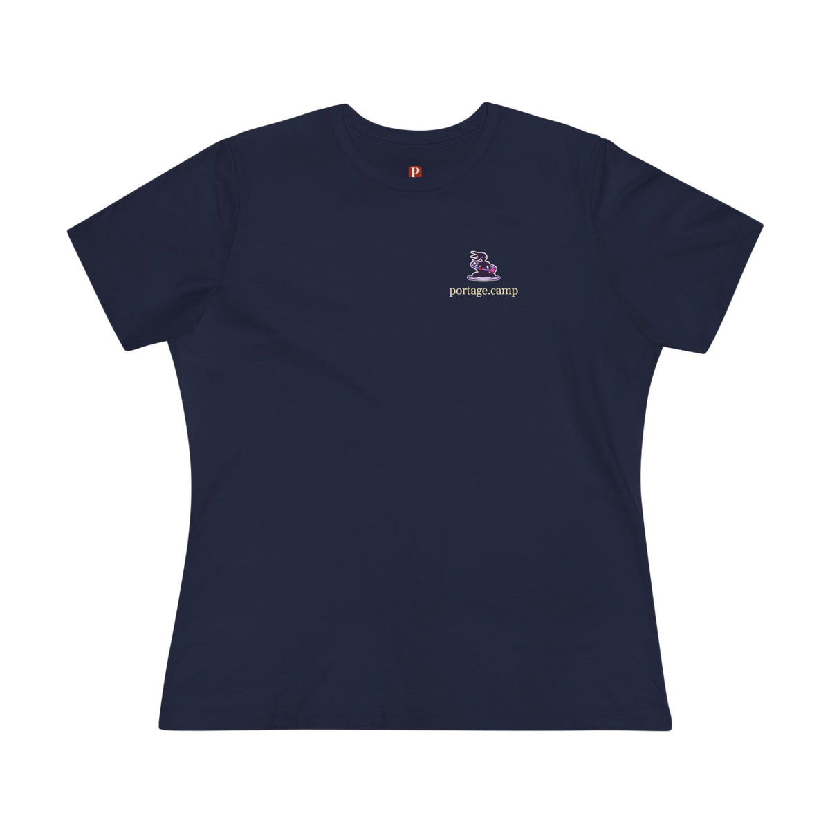 Orbit Keeper Women’s Relaxed Tee in Navy, front view with the Orbit Keeper logo and portage.camp on the chest. Digital product mockup.