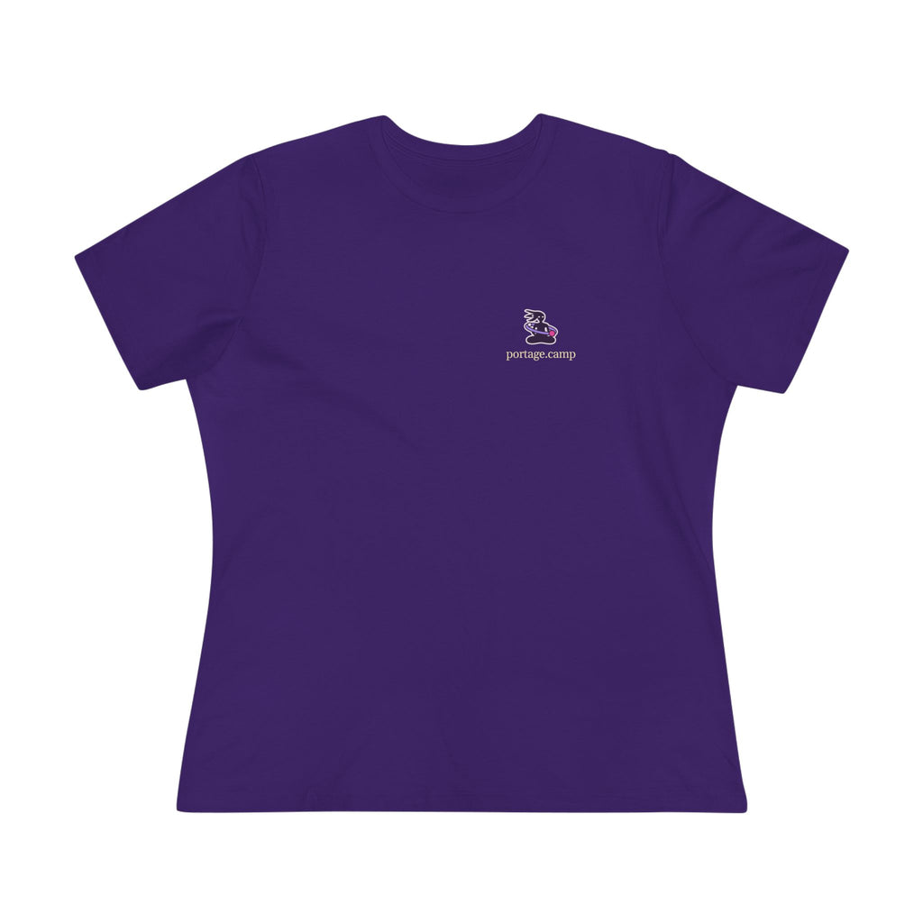 Orbit Keeper Women’s Relaxed Tee in Team Purple, front view with the Orbit Keeper logo and portage.camp on the chest. Digital product mockup.