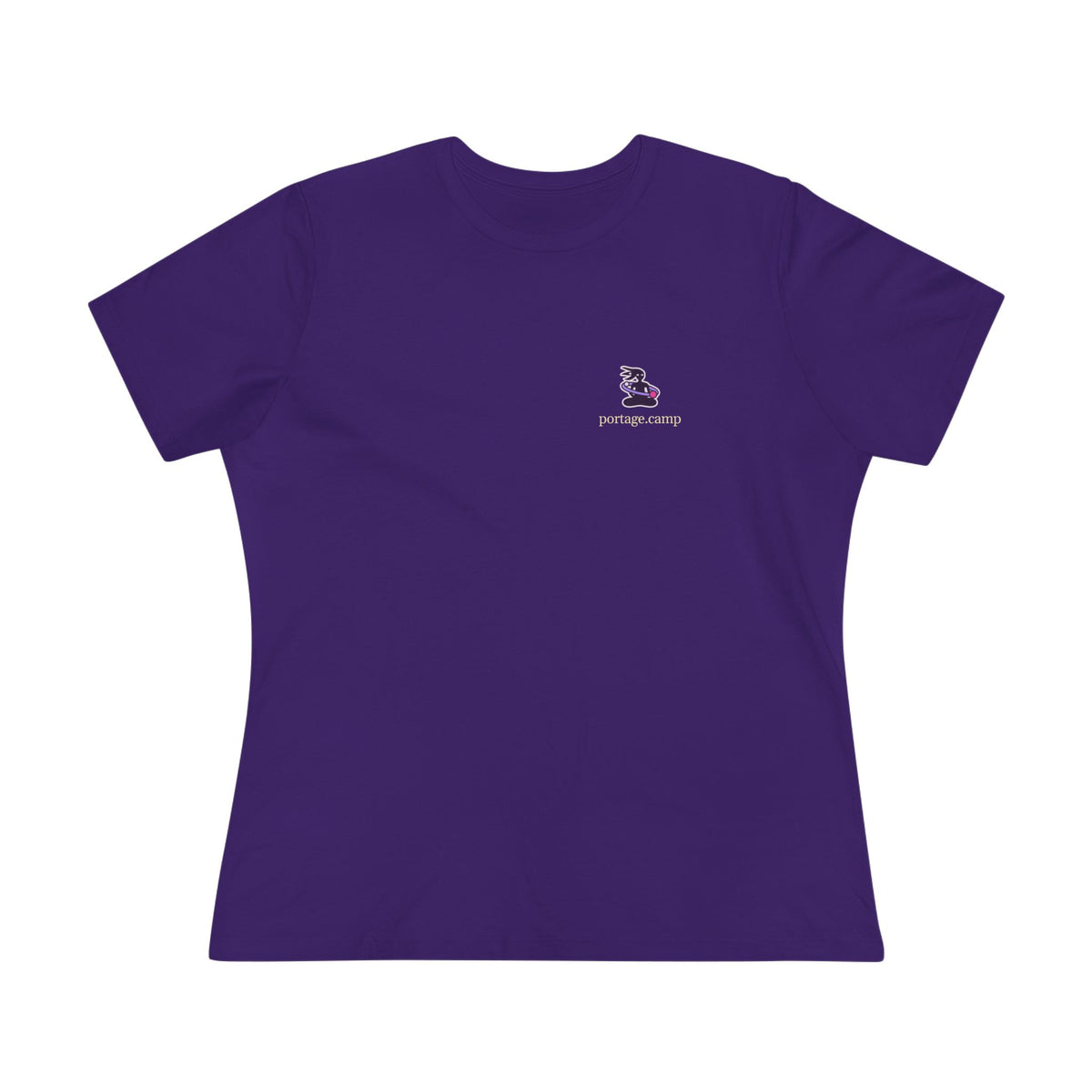 Orbit Keeper Women’s Relaxed Tee in Team Purple, front view with the Orbit Keeper logo and portage.camp on the chest. Digital product mockup.