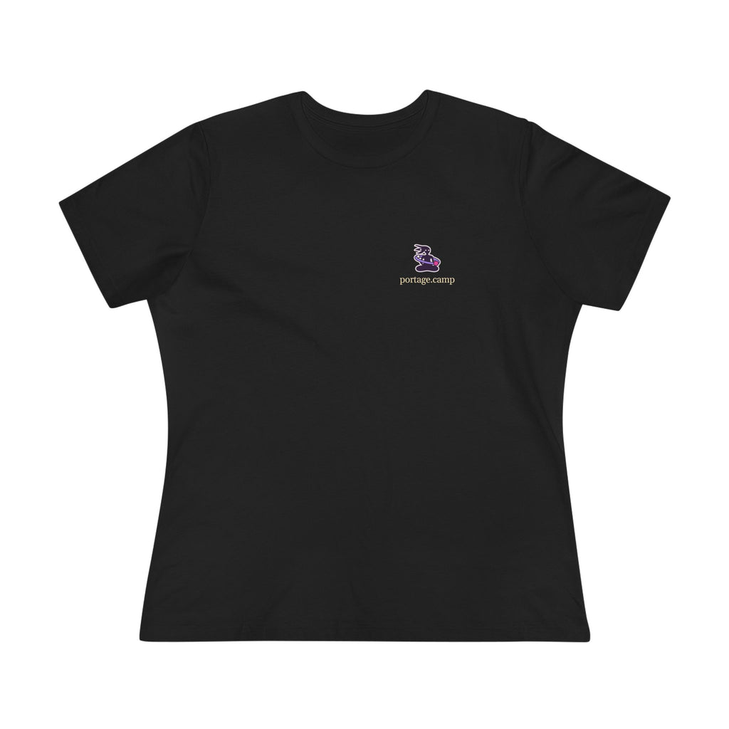 Orbit Keeper Women’s Relaxed Tee in Black, front view with the Orbit Keeper logo and portage.camp on the chest. Digital product mockup.
