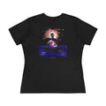 Orbit Keeper Women’s Relaxed Tee in Black, back view with the large illustrated print. Digital product mockup.