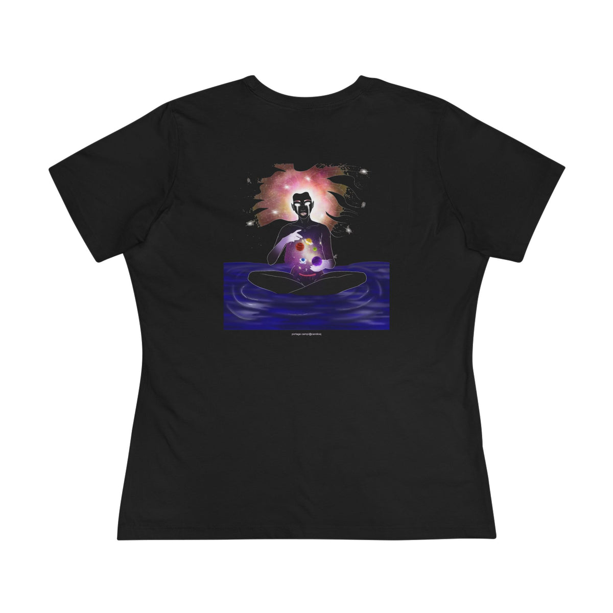 Orbit Keeper Women’s Relaxed Tee in Black, back view with the large illustrated print. Digital product mockup.