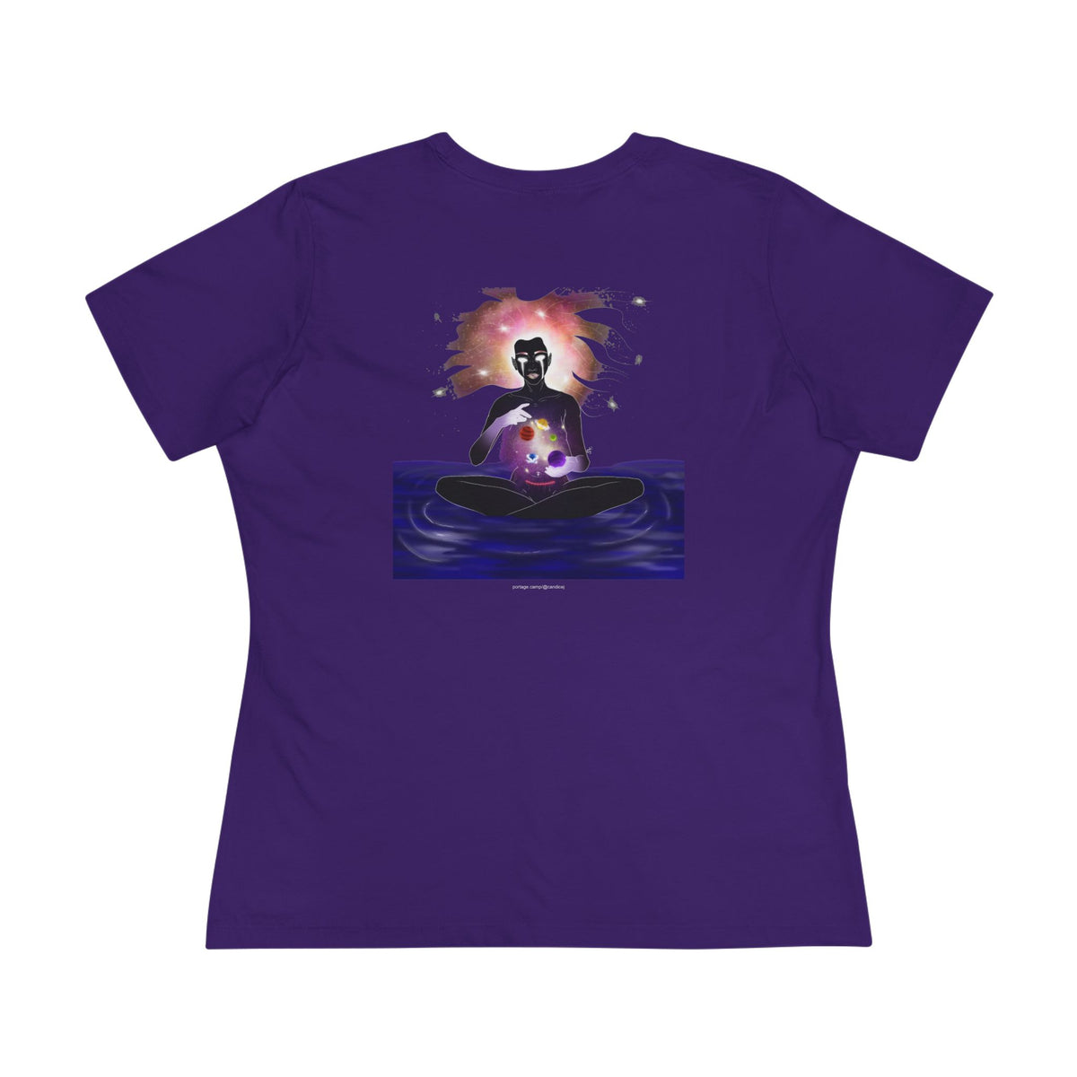 Orbit Keeper Women’s Relaxed Tee in Team Purple, back view with the large illustrated print. Digital product mockup.