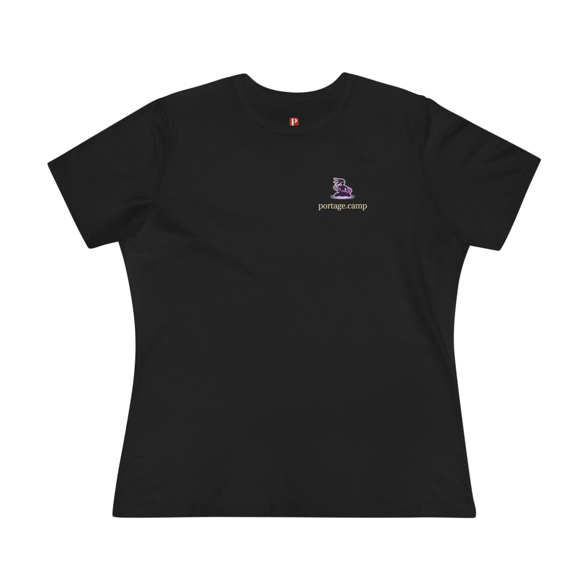 Orbit Keeper Women’s Relaxed Tee in Black, front view with the Orbit Keeper logo and portage.camp on the chest. Digital product mockup.