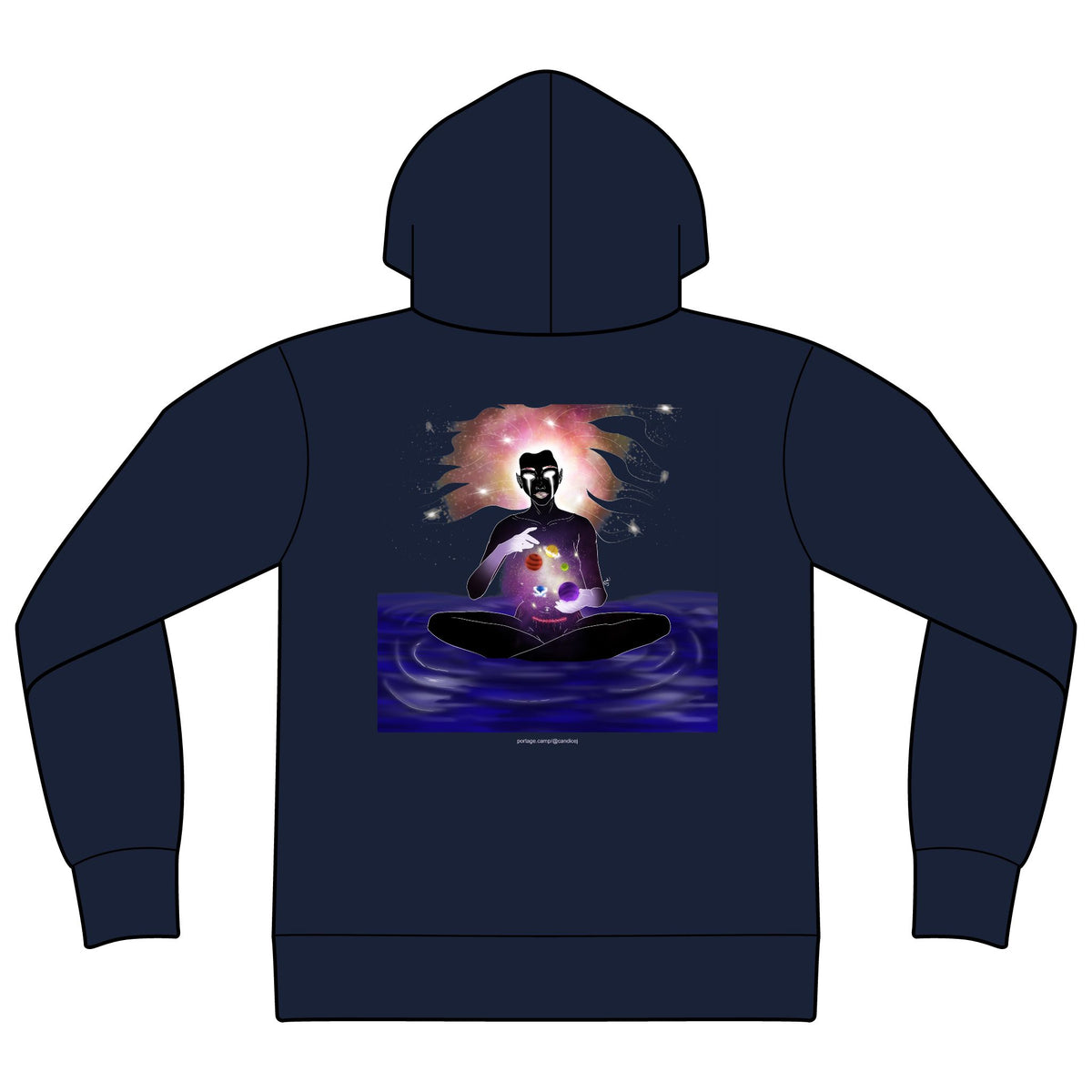 Orbit Keeper Zip Hoodie in Navy, back view with the large illustrated print. Digital product mockup.
