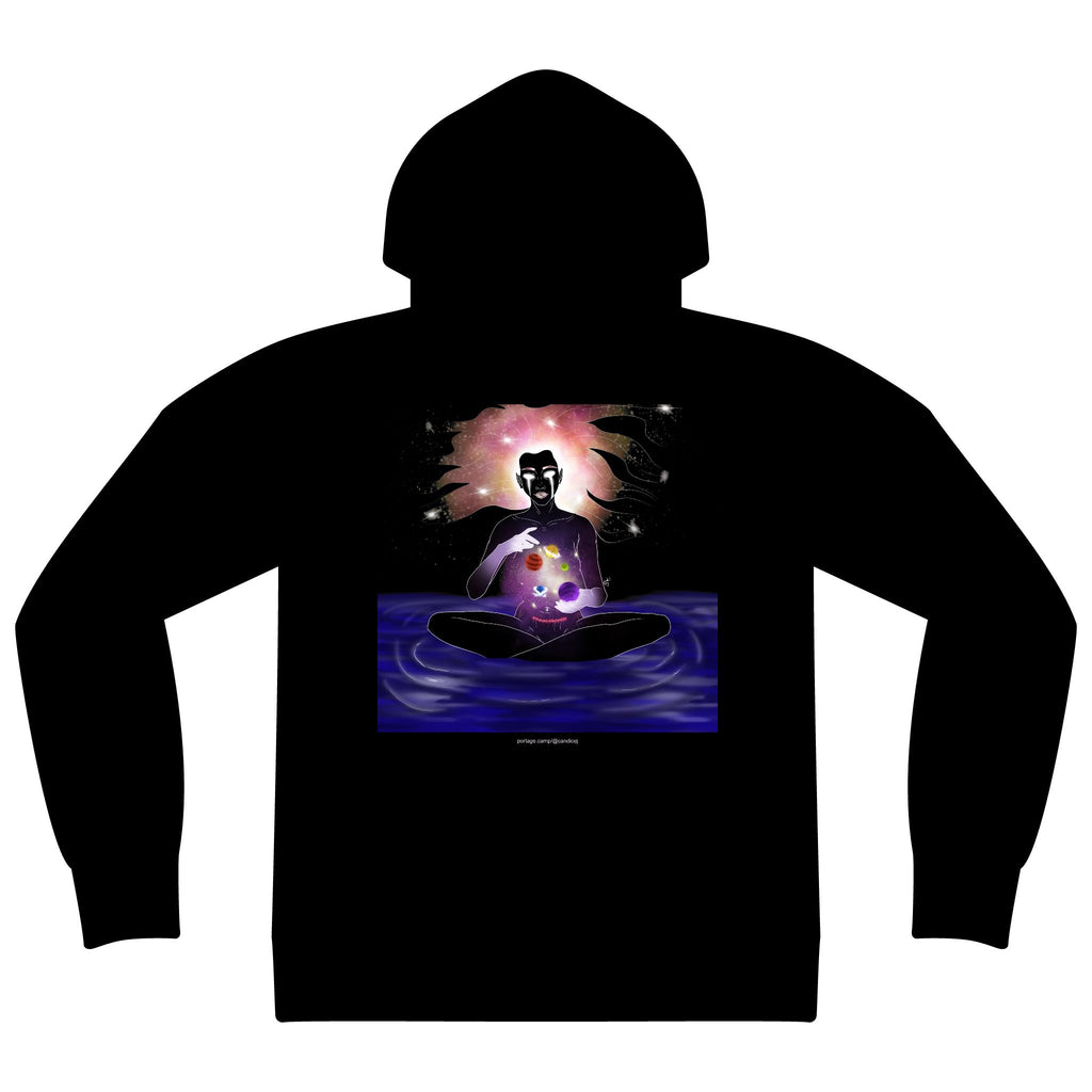 Orbit Keeper Zip Hoodie in Black, back view with the large illustrated print. Digital product mockup.