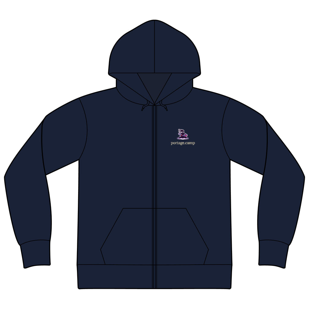 Orbit Keeper Zip Hoodie in Navy, front view with the Orbit Keeper logo and portage.camp on the left chest. Digital product mockup.