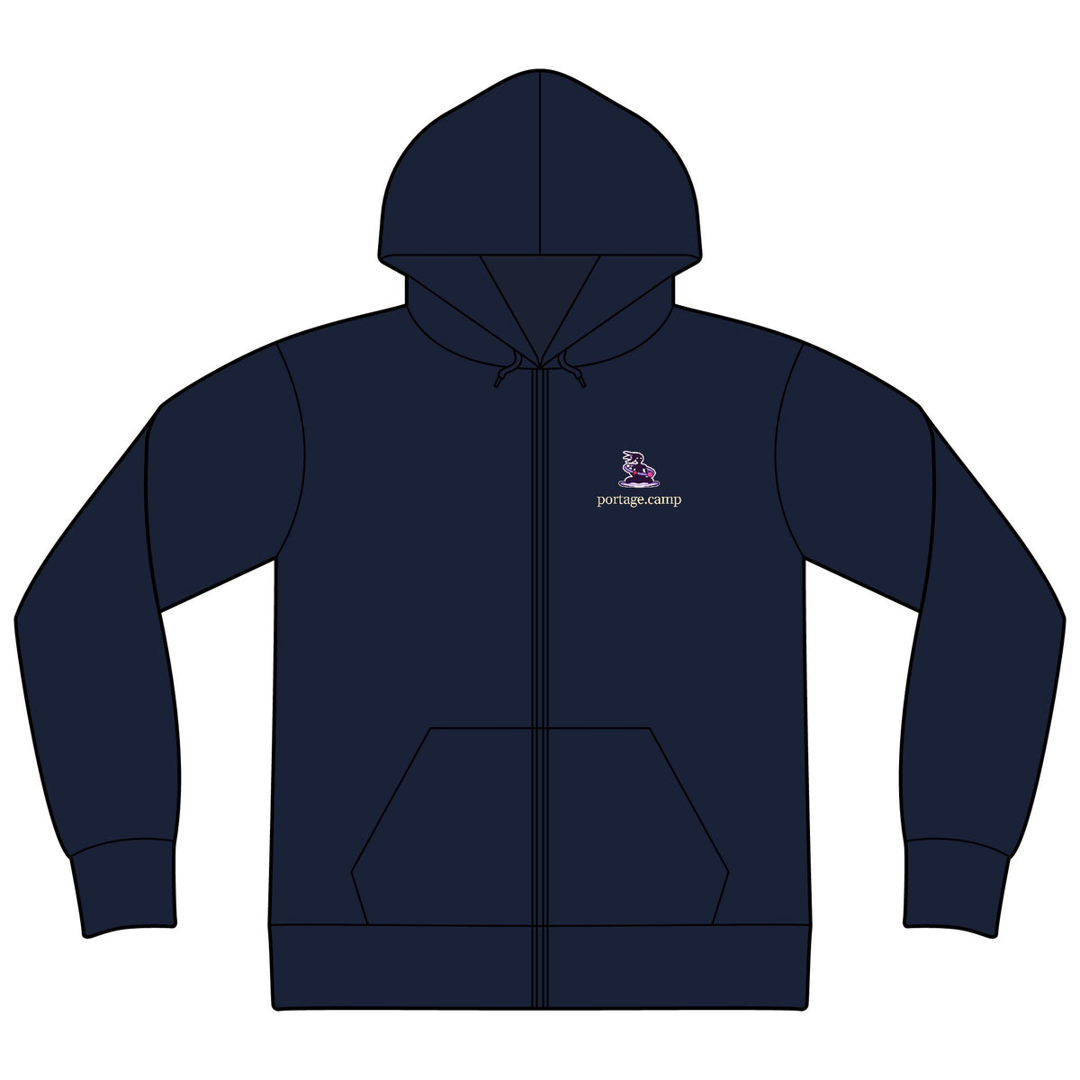 Orbit Keeper Zip Hoodie in Navy, front view with the Orbit Keeper logo and portage.camp on the left chest. Digital product mockup.