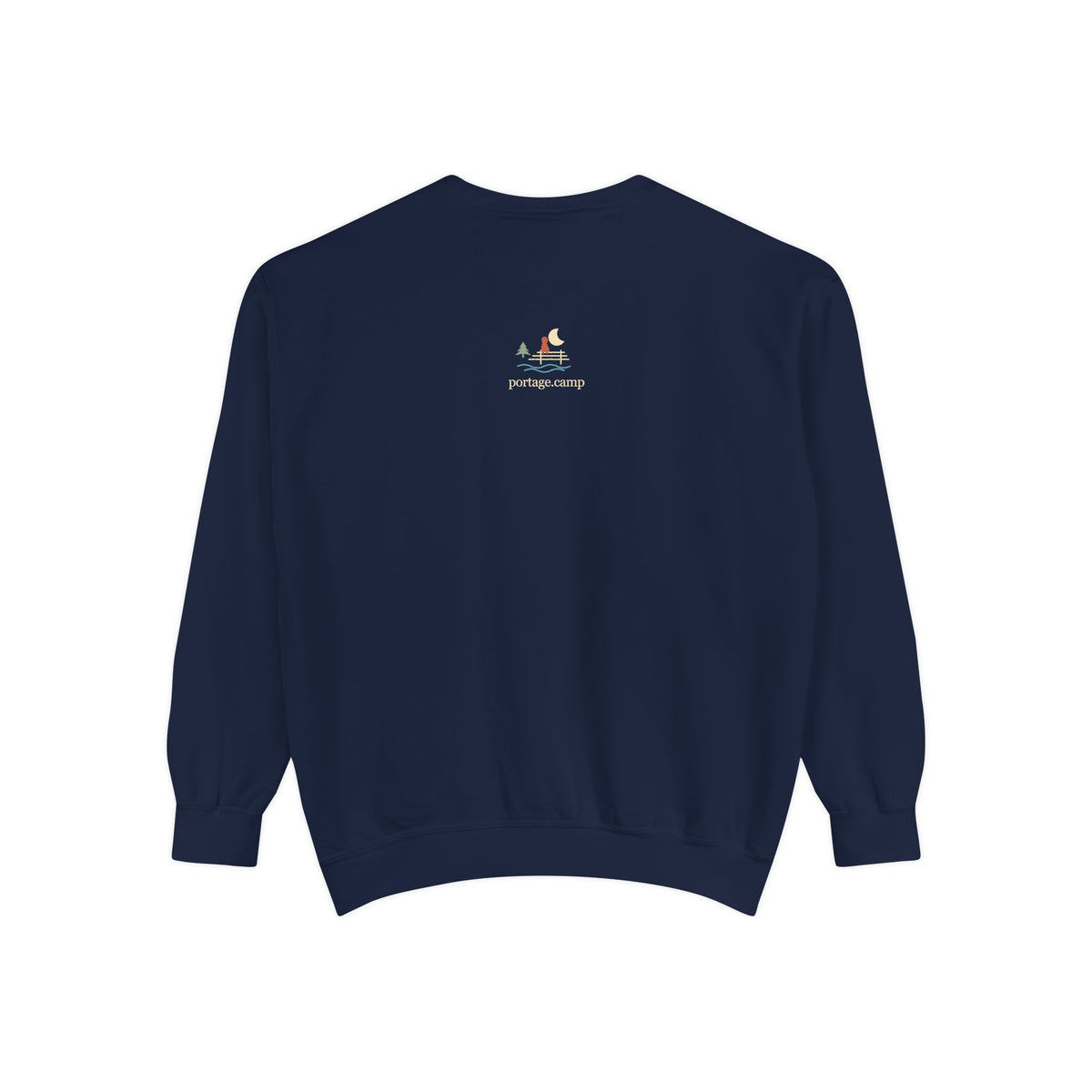 Quiet Hours Garment-Dyed Crewneck (Front Print) in True Navy, back view with the portage.camp emblem at the upper back. Digital product mockup.