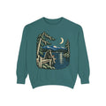 Quiet Hours Garment-Dyed Crewneck (Front Print) in Blue Spruce, front view with the large illustrated print. Digital product mockup.