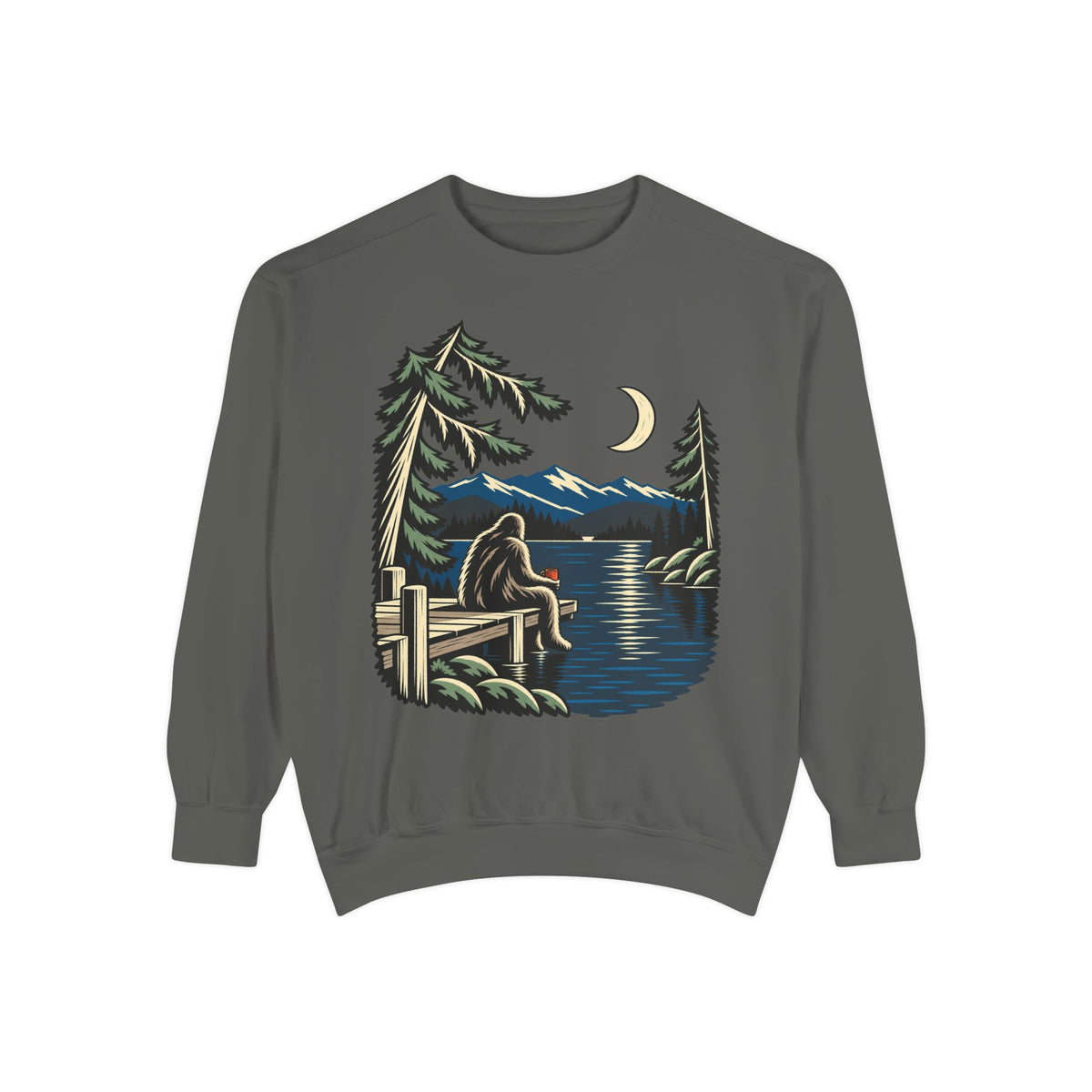 Quiet Hours Garment-Dyed Crewneck (Front Print) in Pepper, front view with the large illustrated print. Digital product mockup.