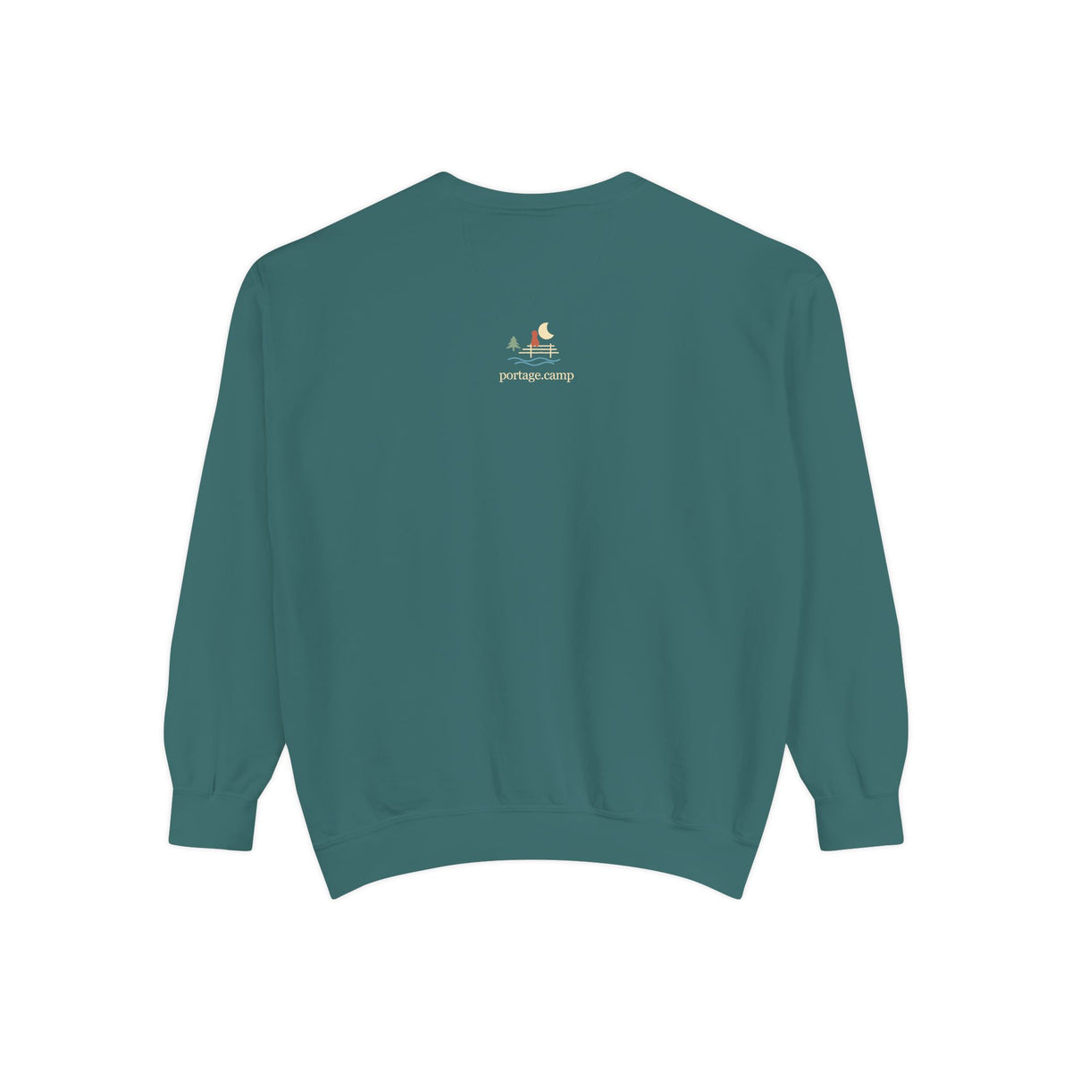 Quiet Hours Garment-Dyed Crewneck (Front Print) in Blue Spruce, back view with the portage.camp emblem at the upper back. Digital product mockup.