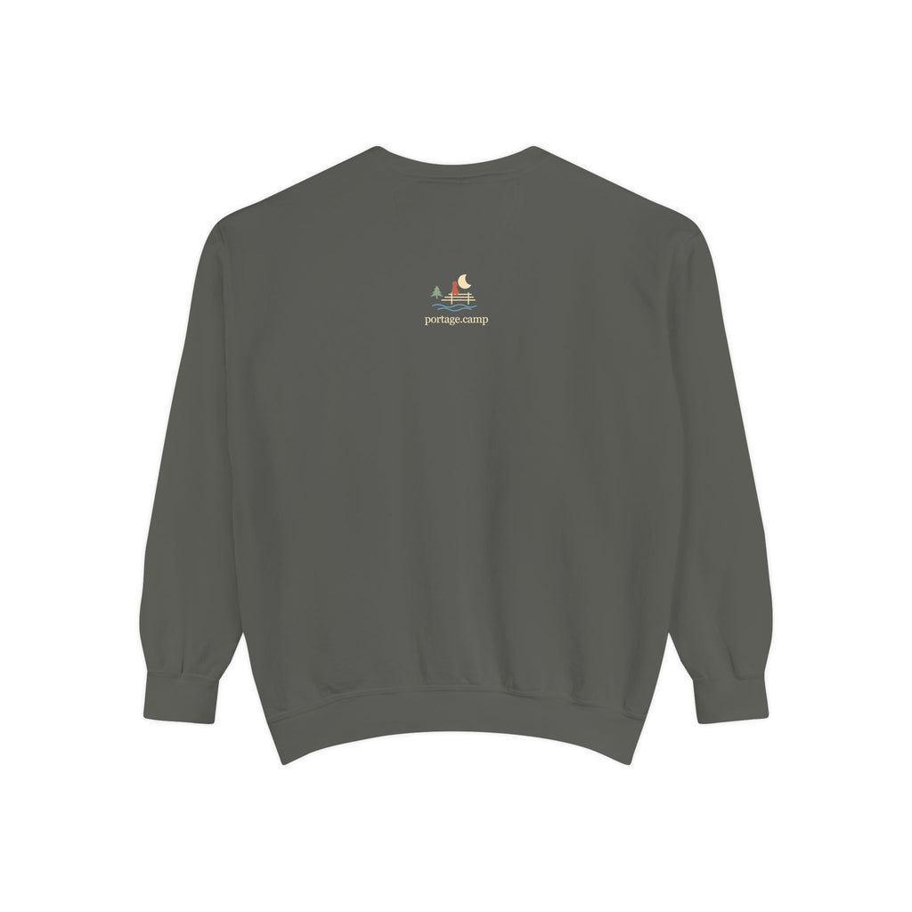 Quiet Hours Garment-Dyed Crewneck (Front Print) in Pepper, back view with the portage.camp emblem at the upper back. Digital product mockup.