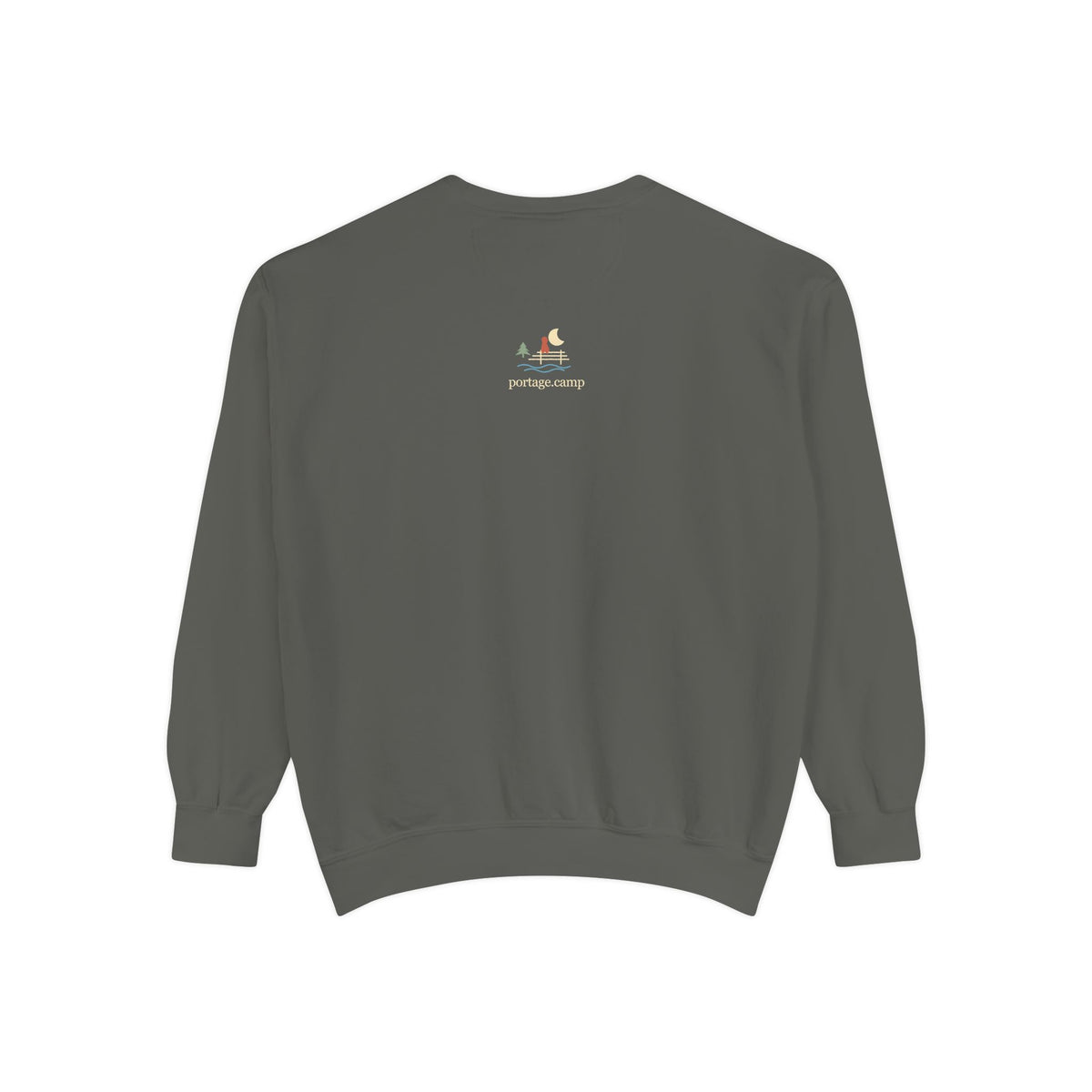 Quiet Hours Garment-Dyed Crewneck (Front Print) in Pepper, back view with the portage.camp emblem at the upper back. Digital product mockup.