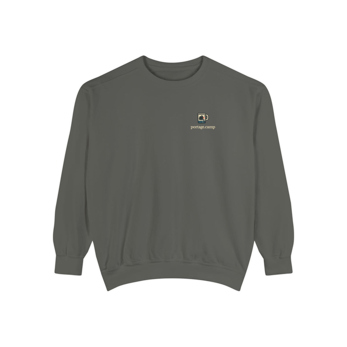 Quiet Hours Garment-Dyed Crewneck in Pepper, front view with the Quiet Hours logo and portage.camp on the chest. Digital product mockup.
