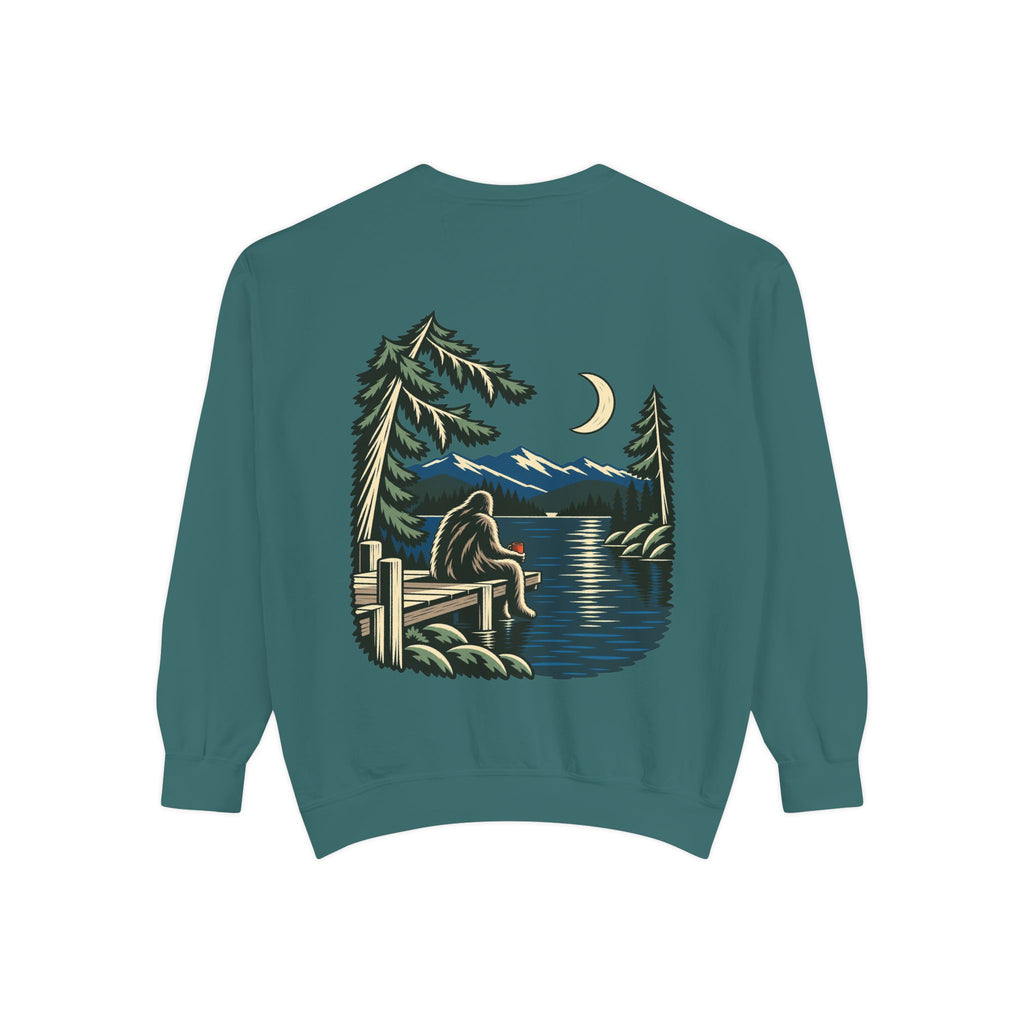 Quiet Hours Garment-Dyed Crewneck in Blue Spruce, back view with the large illustrated print. Digital product mockup.