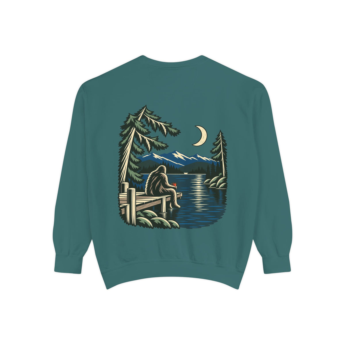 Quiet Hours Garment-Dyed Crewneck in Blue Spruce, back view with the large illustrated print. Digital product mockup.