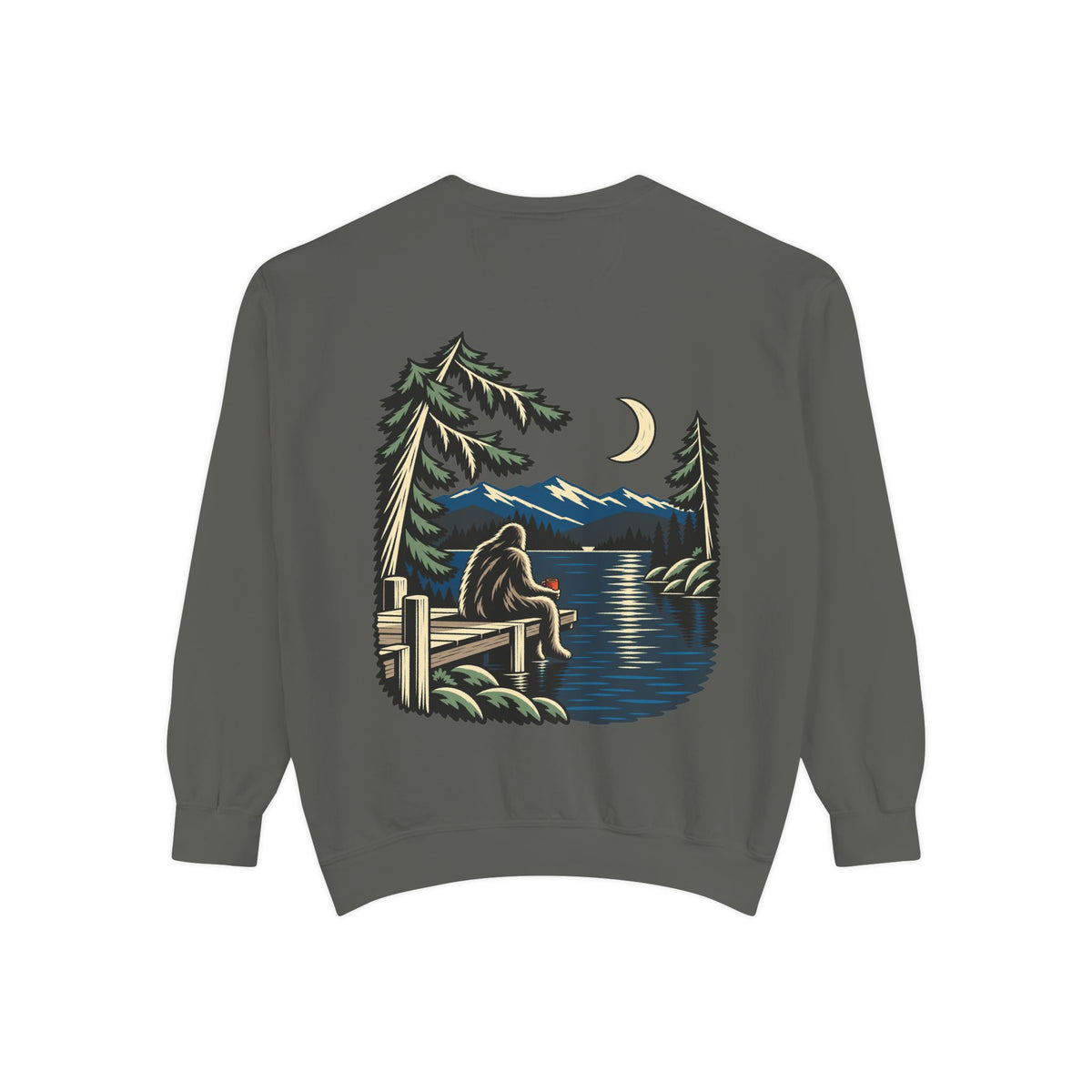 Quiet Hours Garment-Dyed Crewneck in Pepper, back view with the large illustrated print. Digital product mockup.
