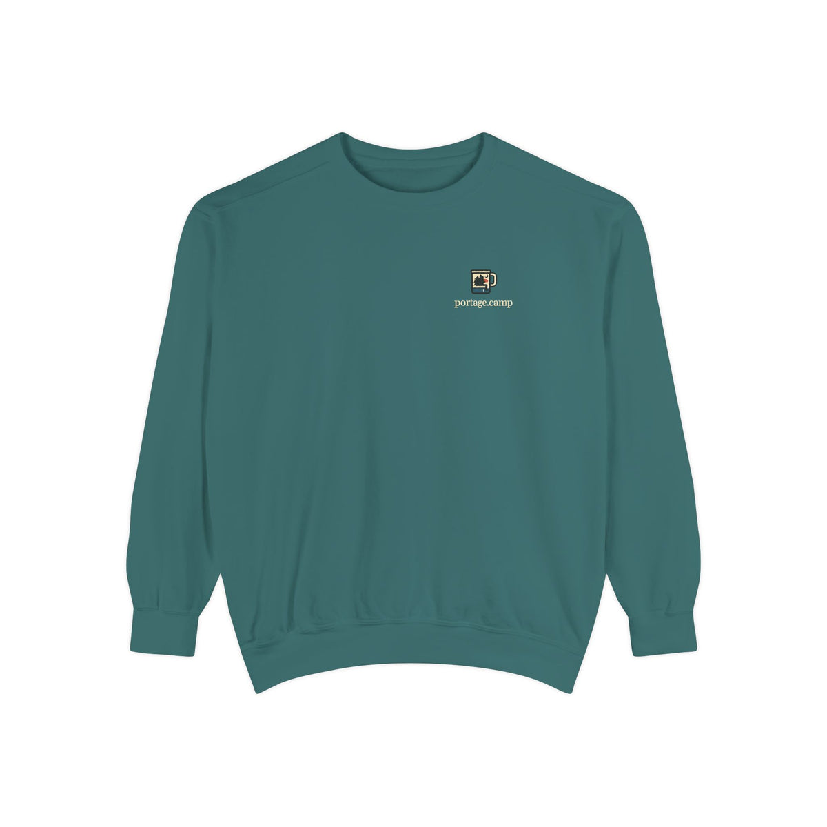 Quiet Hours Garment-Dyed Crewneck in Blue Spruce, front view with the Quiet Hours logo and portage.camp on the chest. Digital product mockup.