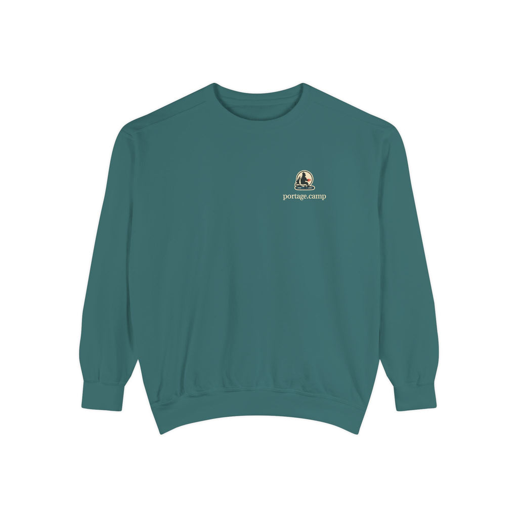 Quiet Hours Garment-Dyed Crewneck in Blue Spruce, front view with the Quiet Hours logo and portage.camp on the chest. Digital product mockup.