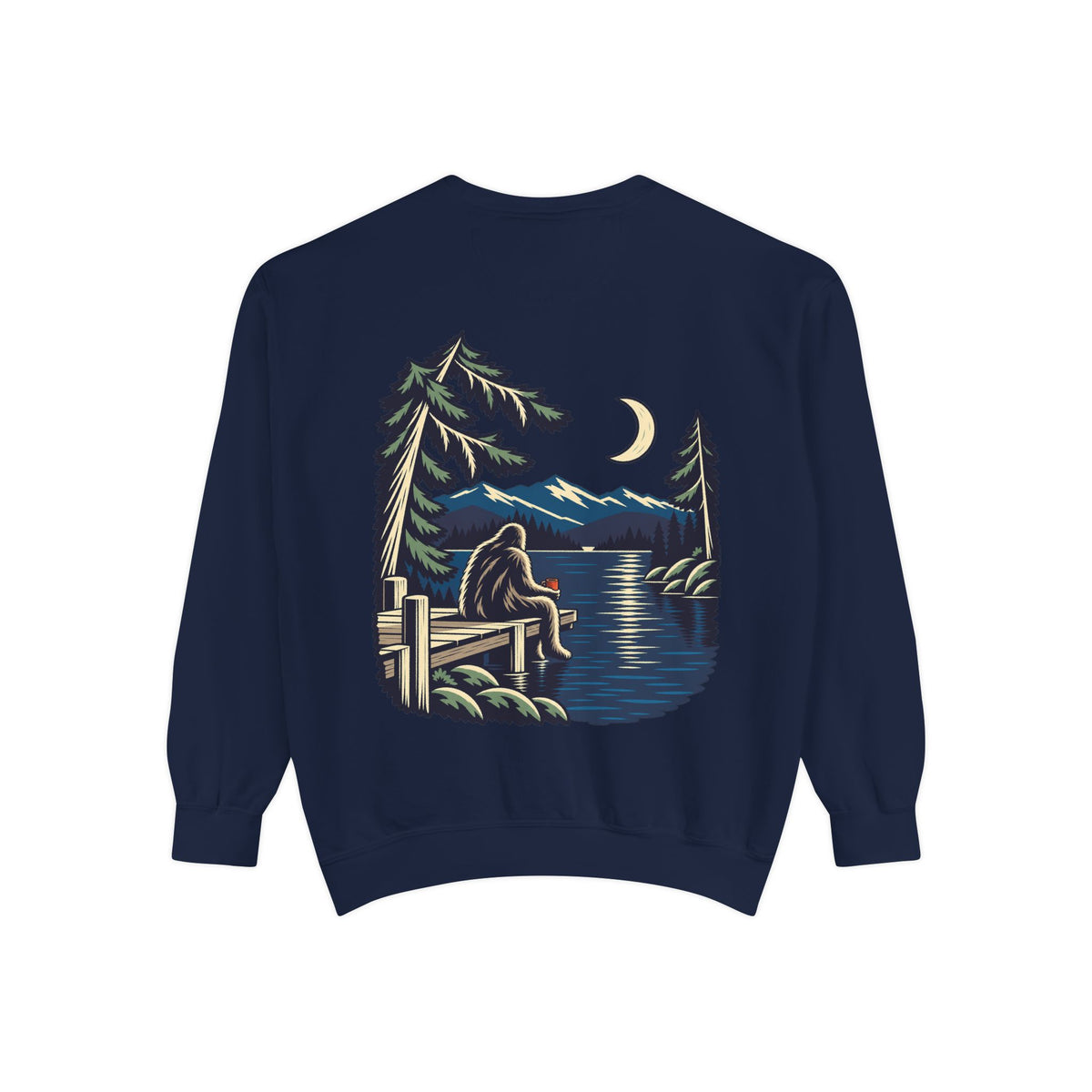 Quiet Hours Garment-Dyed Crewneck in True Navy, back view with the large illustrated print. Digital product mockup.