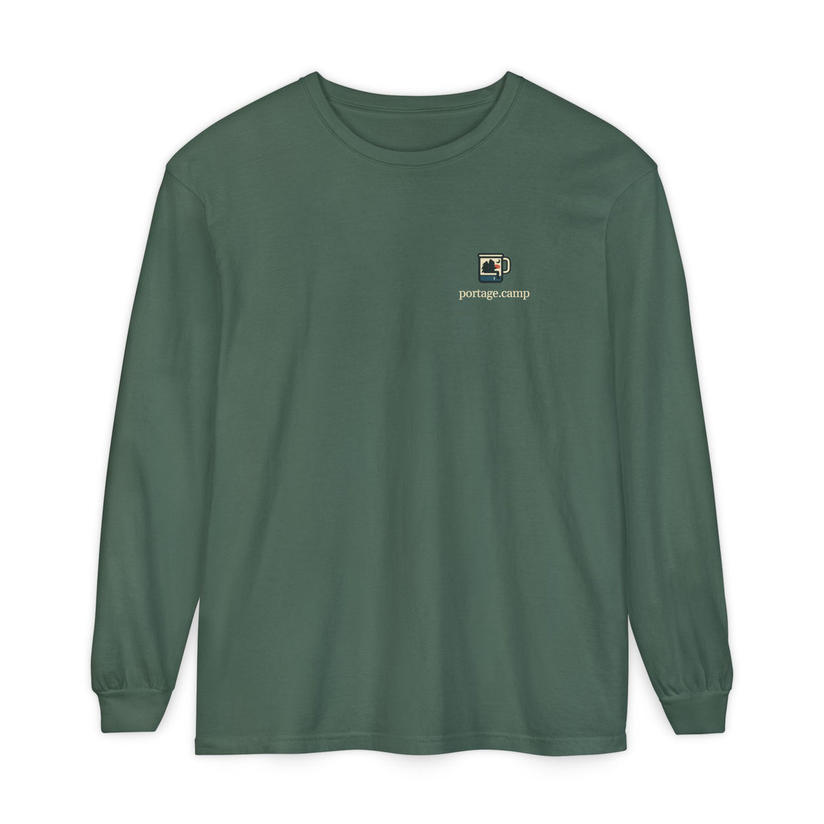 Quiet Hours Garment-Dyed Long-Sleeve Tee in Blue Spruce, front view with the Quiet Hours logo and portage.camp on the chest. Digital product mockup.