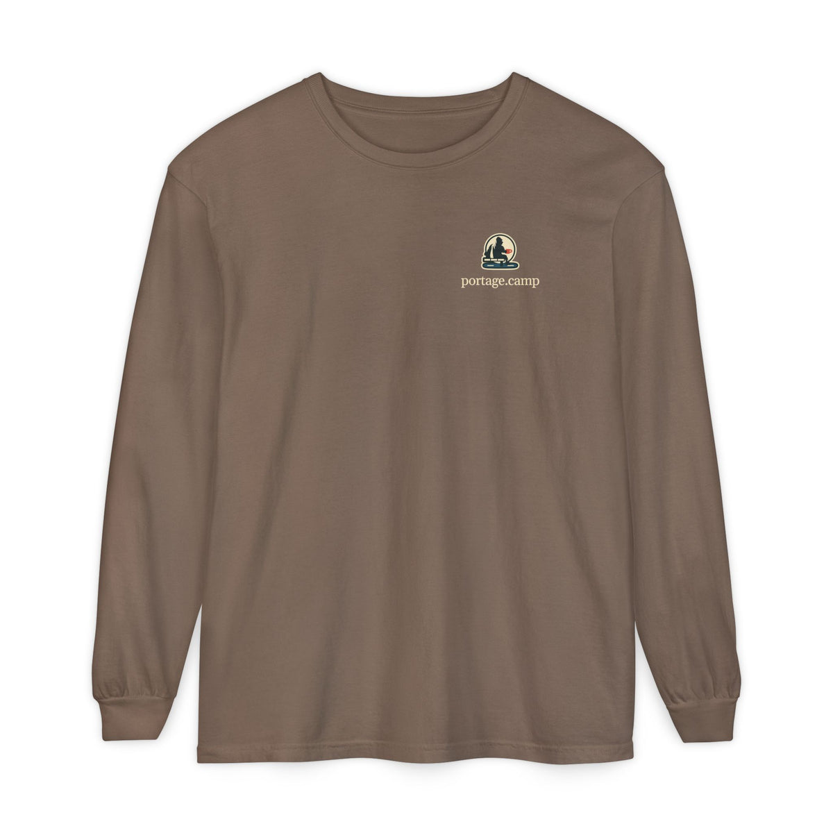 Quiet Hours Garment-Dyed Long-Sleeve Tee in Espresso, front view with the Quiet Hours logo and portage.camp on the chest. Digital product mockup.