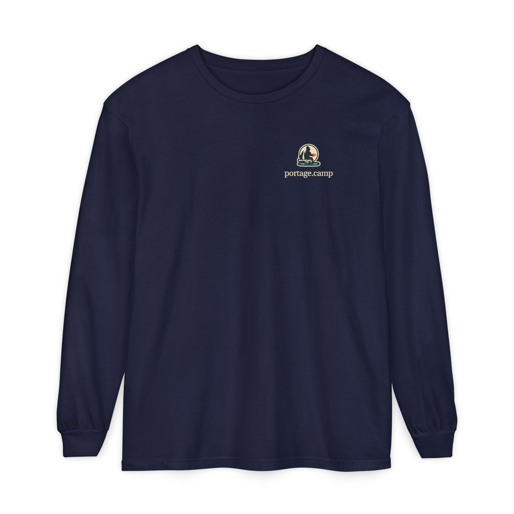 Quiet Hours Garment-Dyed Long-Sleeve Tee in True Navy, front view with the Quiet Hours logo and portage.camp on the chest. Digital product mockup.