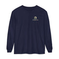 Quiet Hours Garment-Dyed Long-Sleeve Tee in True Navy, front view with the Quiet Hours logo and portage.camp on the chest. Digital product mockup.