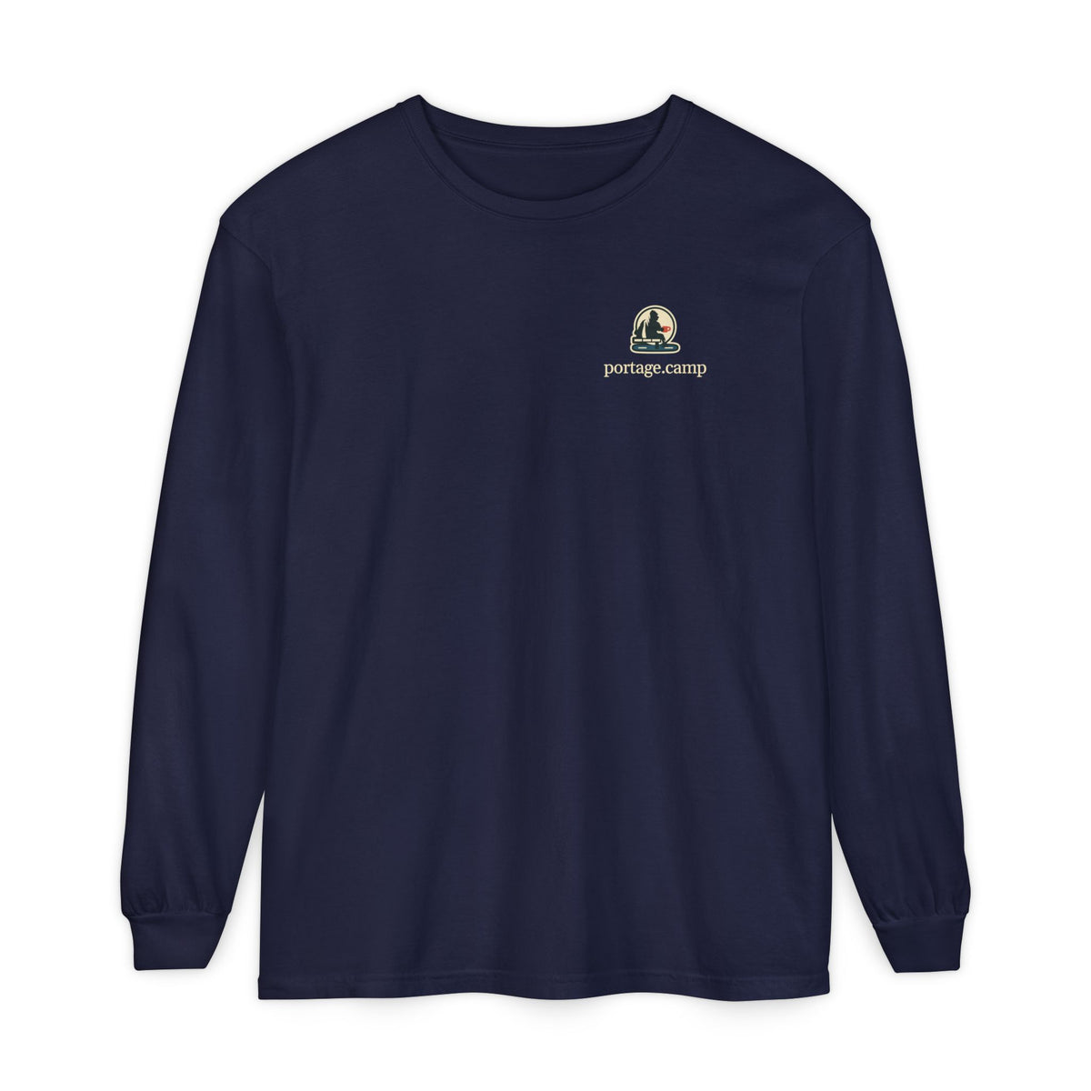 Quiet Hours Garment-Dyed Long-Sleeve Tee in True Navy, front view with the Quiet Hours logo and portage.camp on the chest. Digital product mockup.