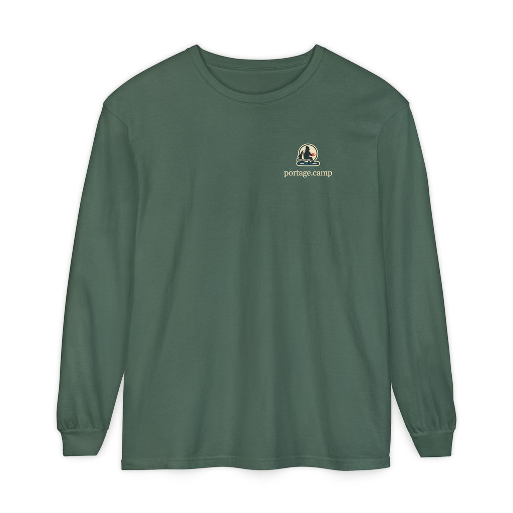 Quiet Hours Garment-Dyed Long-Sleeve Tee in Blue Spruce, front view with the Quiet Hours logo and portage.camp on the chest. Digital product mockup.