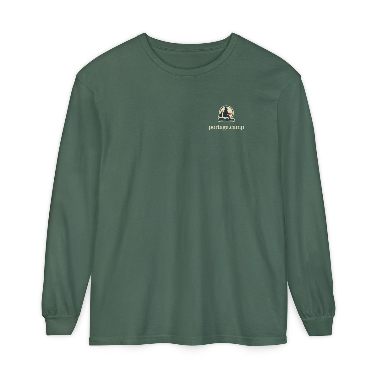 Quiet Hours Garment-Dyed Long-Sleeve Tee in Blue Spruce, front view with the Quiet Hours logo and portage.camp on the chest. Digital product mockup.