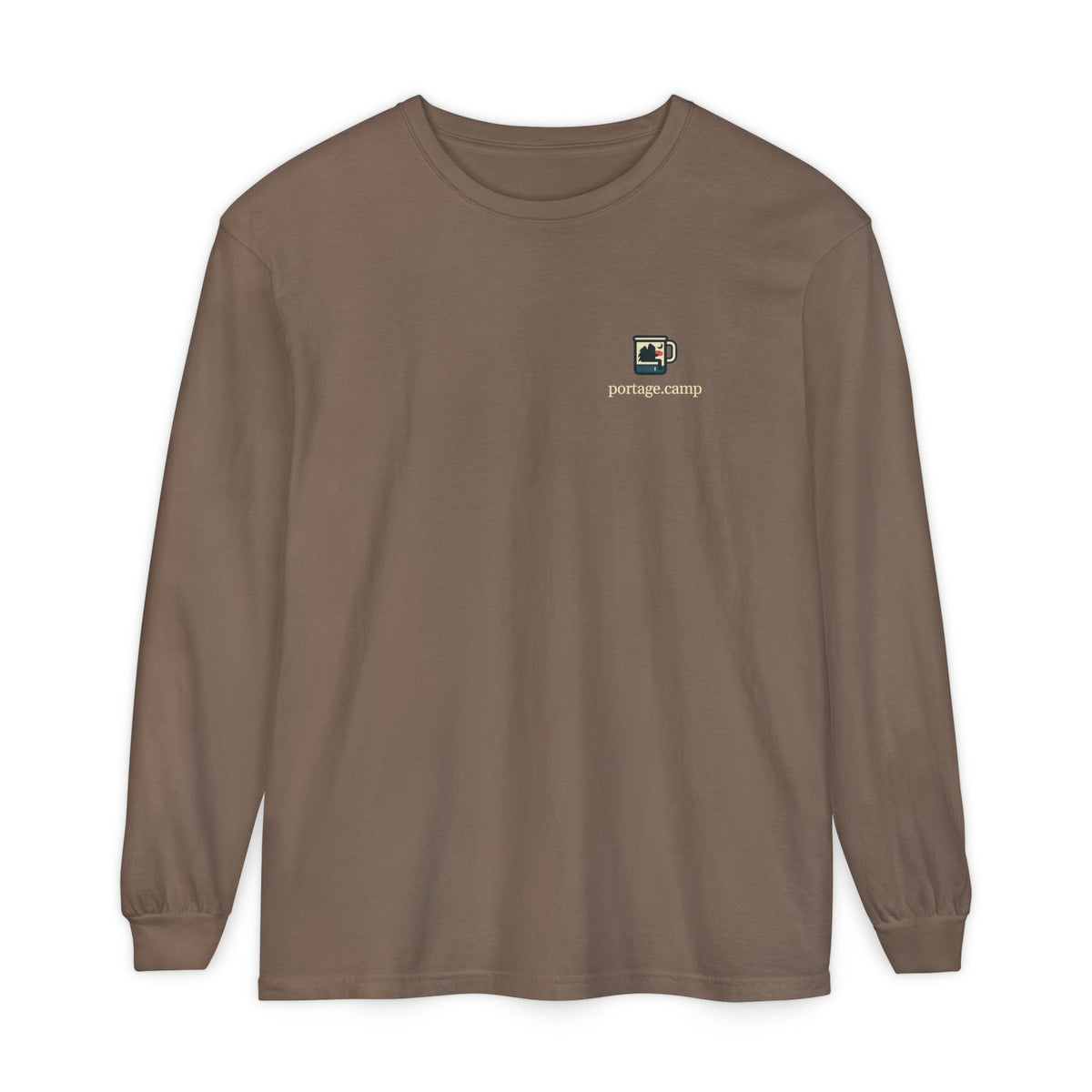 Quiet Hours Garment-Dyed Long-Sleeve Tee in Espresso, front view with the Quiet Hours logo and portage.camp on the chest. Digital product mockup.