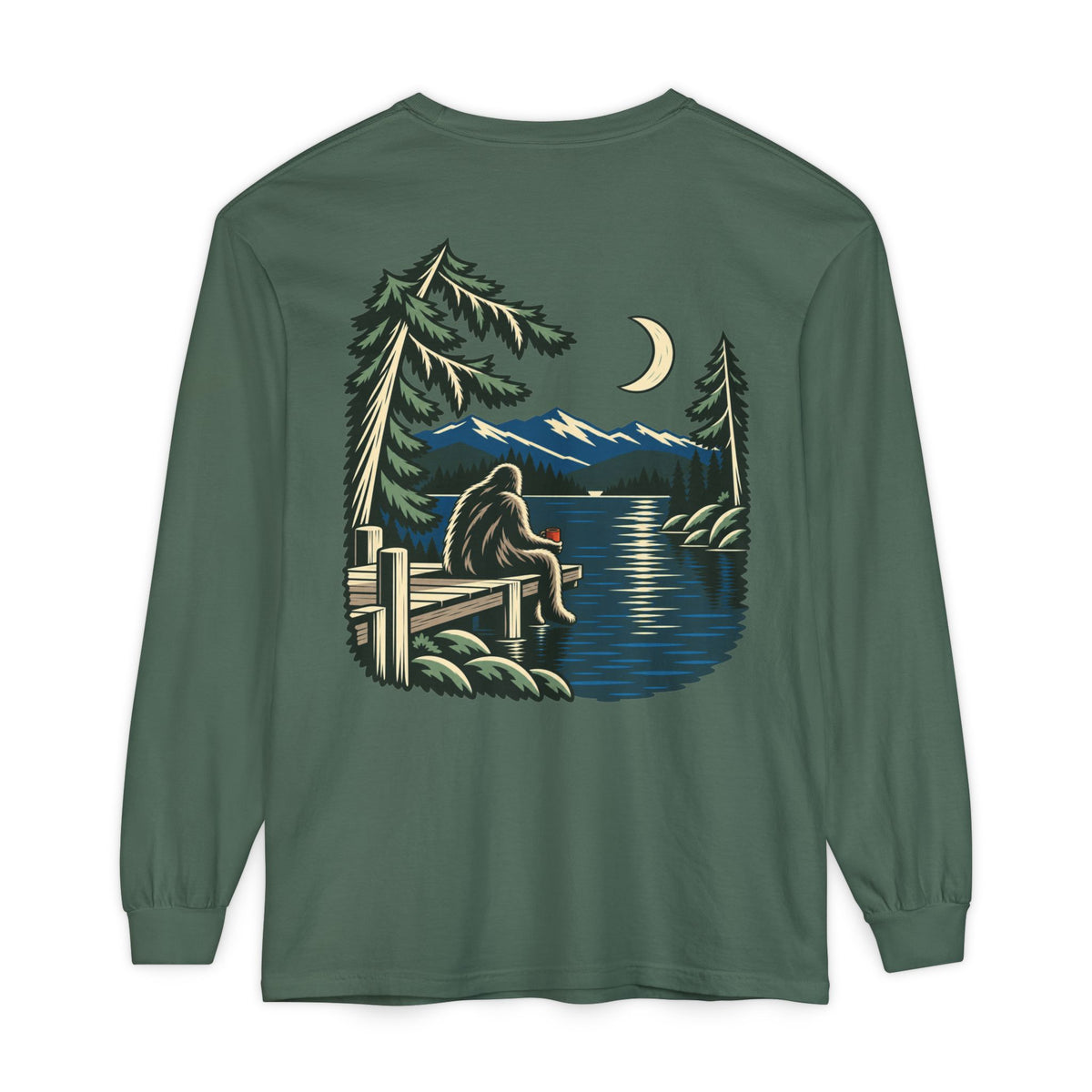 Quiet Hours Garment-Dyed Long-Sleeve Tee in Blue Spruce, back view with the large illustrated print. Digital product mockup.
