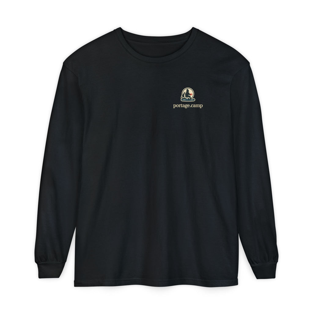 Quiet Hours Garment-Dyed Long-Sleeve Tee in Black, front view with the Quiet Hours logo and portage.camp on the chest. Digital product mockup.