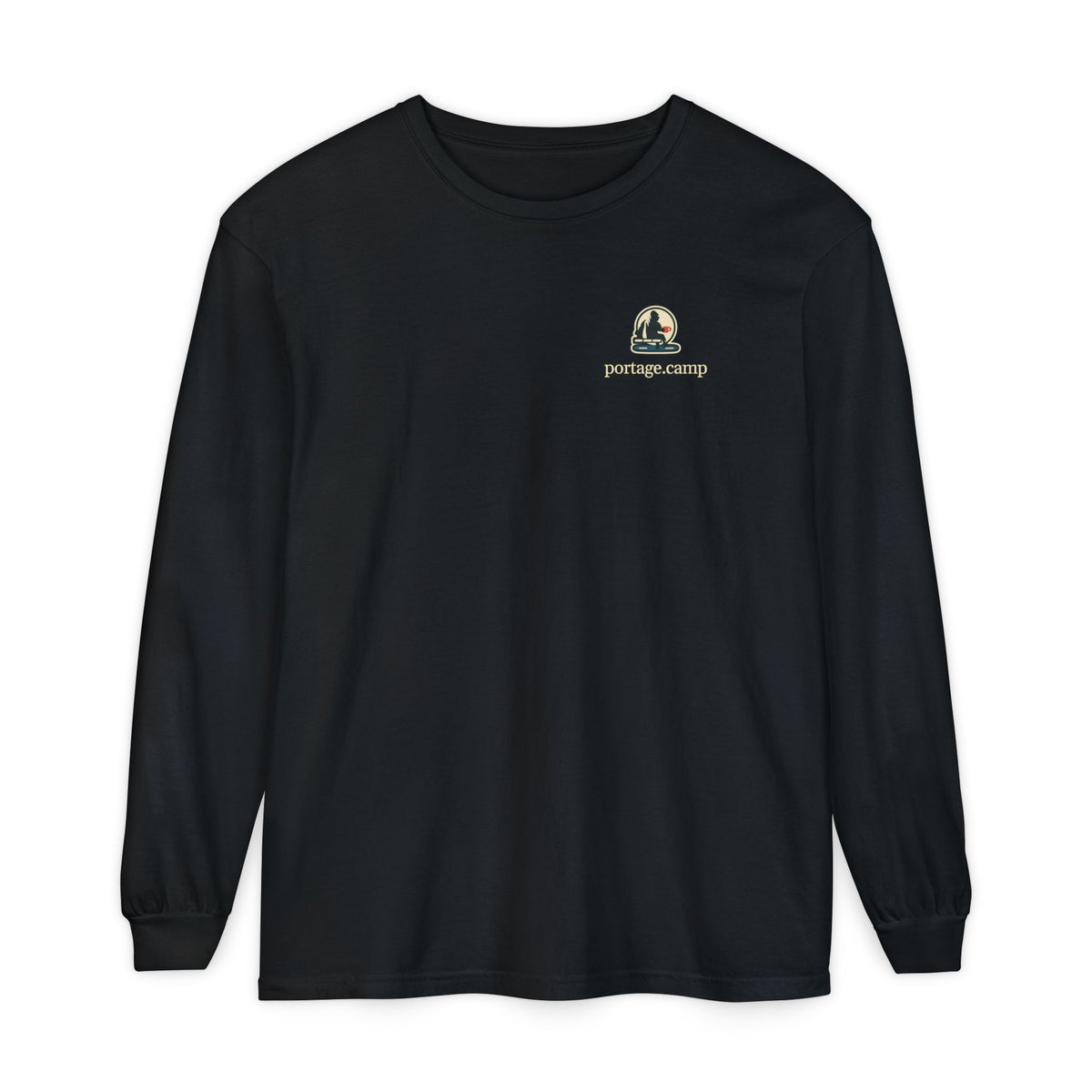Quiet Hours Garment-Dyed Long-Sleeve Tee in Black, front view with the Quiet Hours logo and portage.camp on the chest. Digital product mockup.
