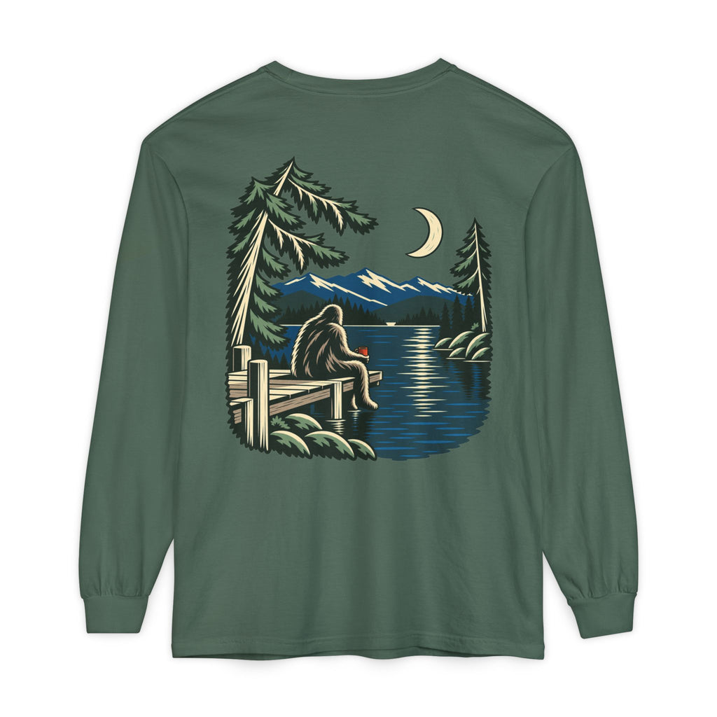 Quiet Hours Garment-Dyed Long-Sleeve Tee in Blue Spruce, back view with the large illustrated print. Digital product mockup.
