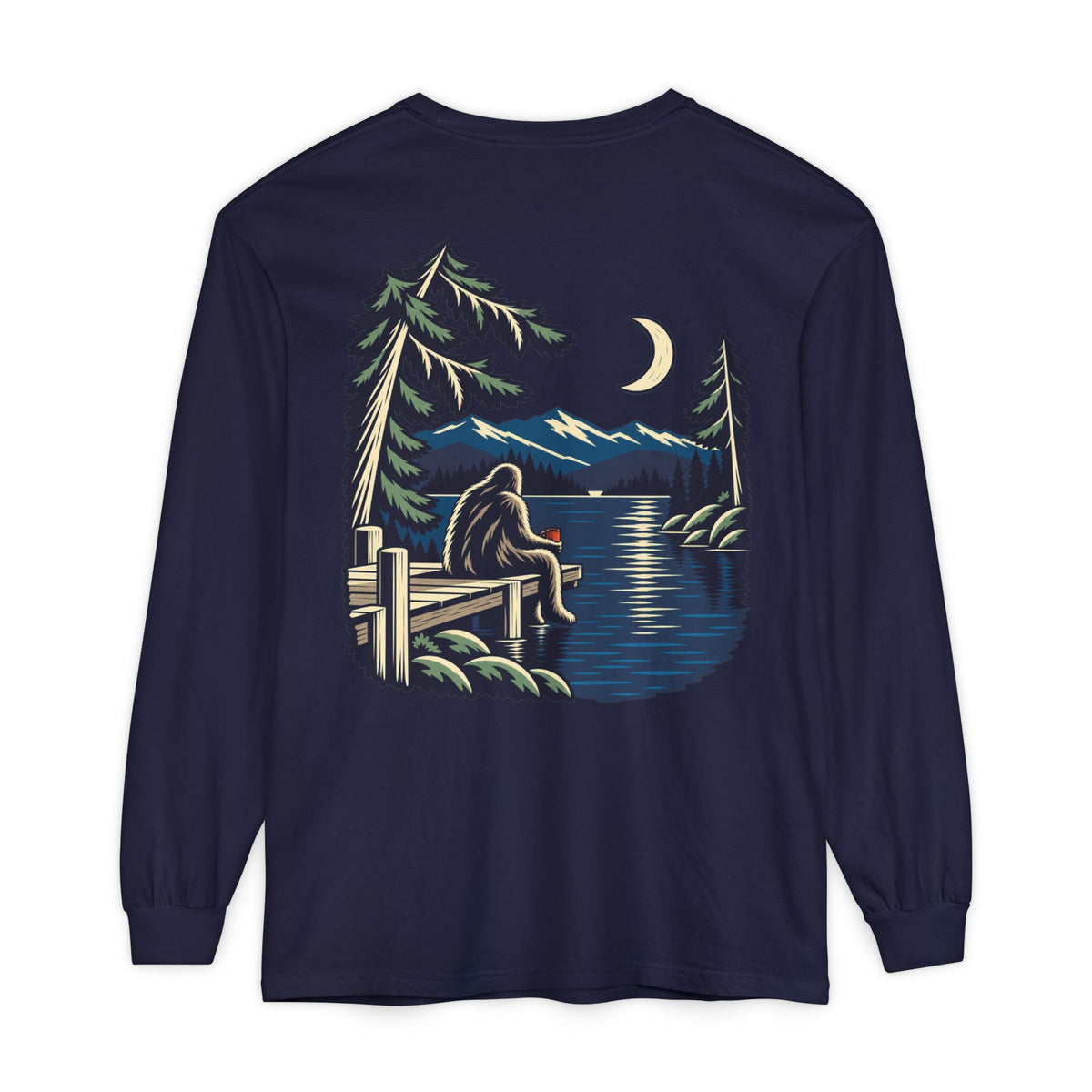 Quiet Hours Garment-Dyed Long-Sleeve Tee in True Navy, back view with the large illustrated print. Digital product mockup.