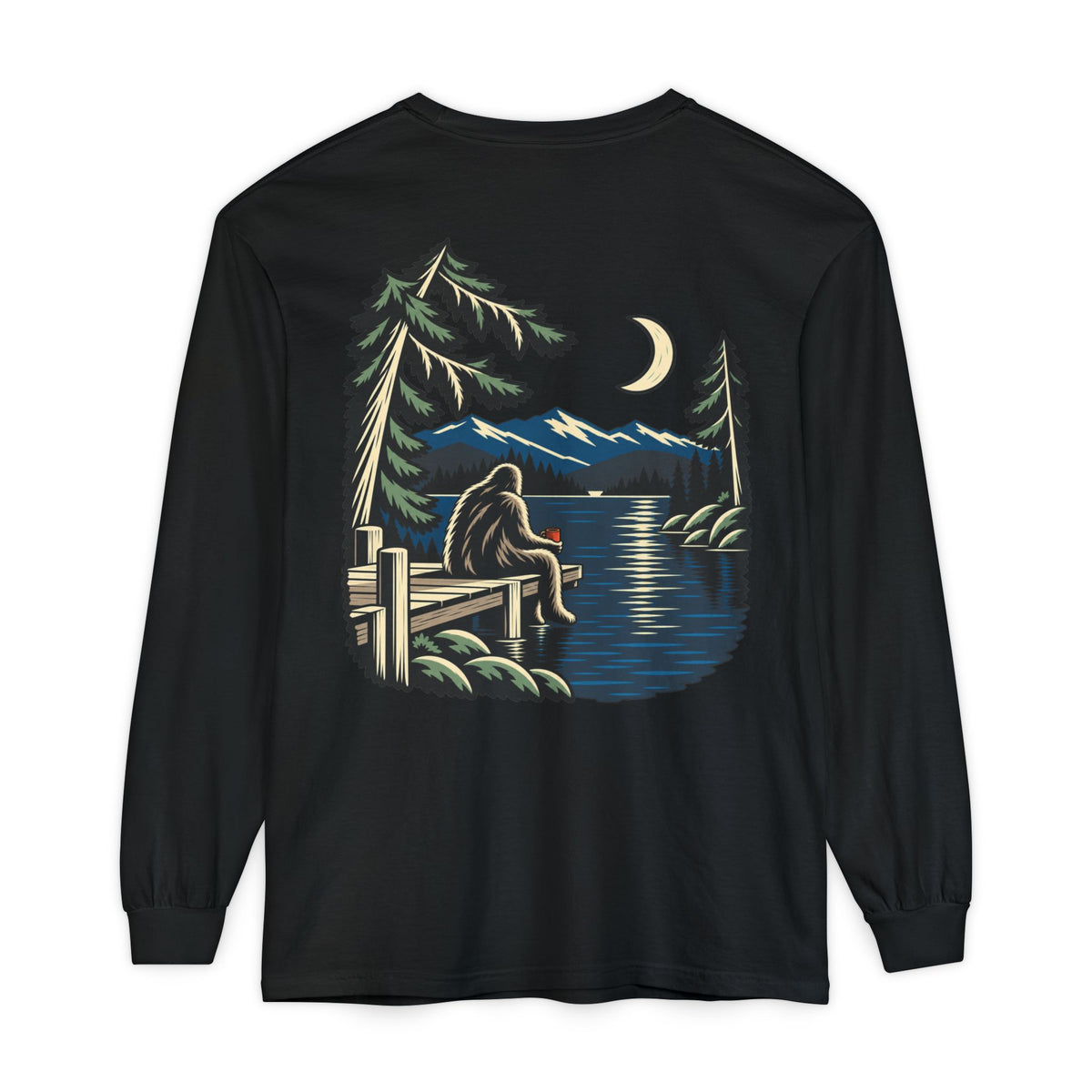 Quiet Hours Garment-Dyed Long-Sleeve Tee in Black, back view with the large illustrated print. Digital product mockup.