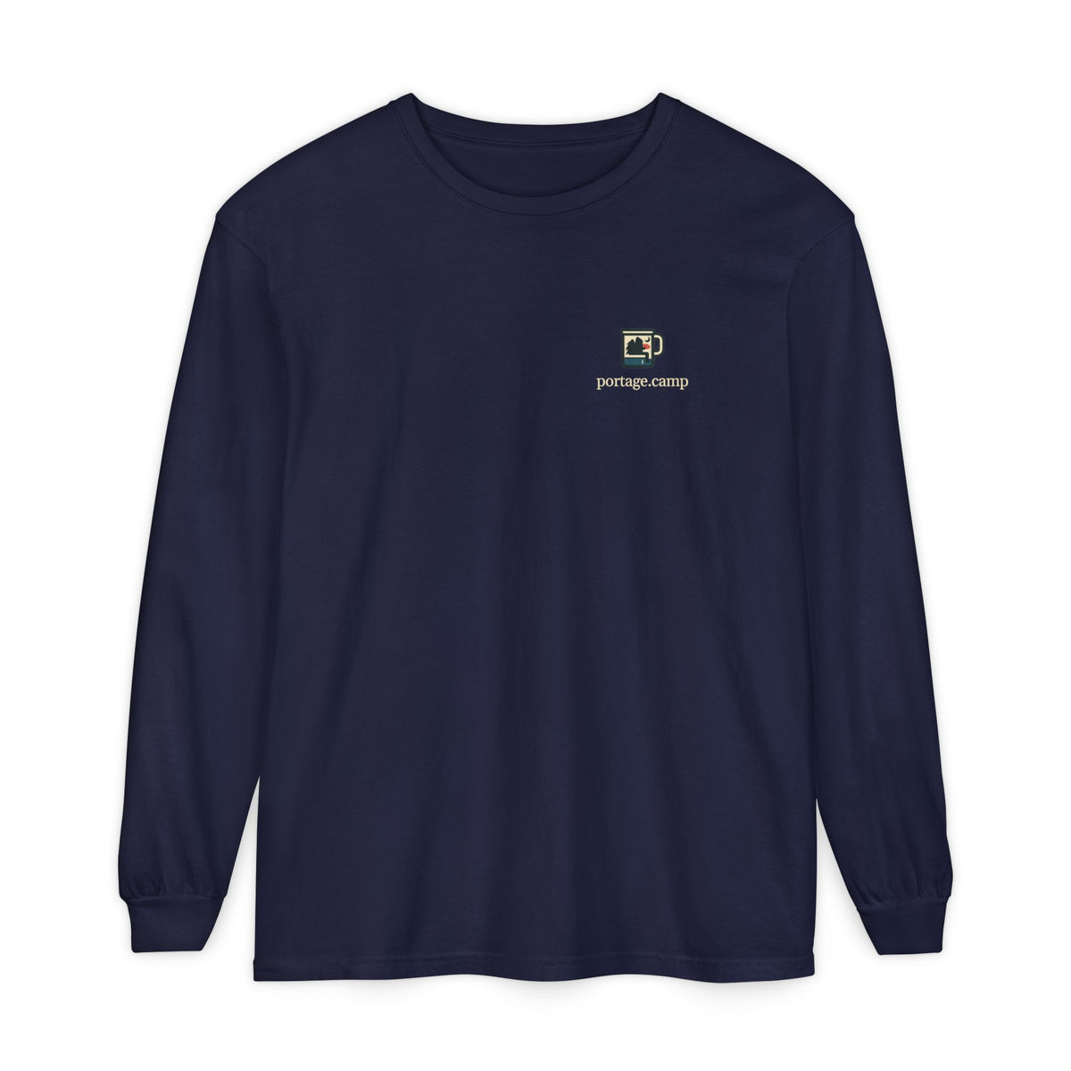 Quiet Hours Garment-Dyed Long-Sleeve Tee in True Navy, front view with the Quiet Hours logo and portage.camp on the chest. Digital product mockup.